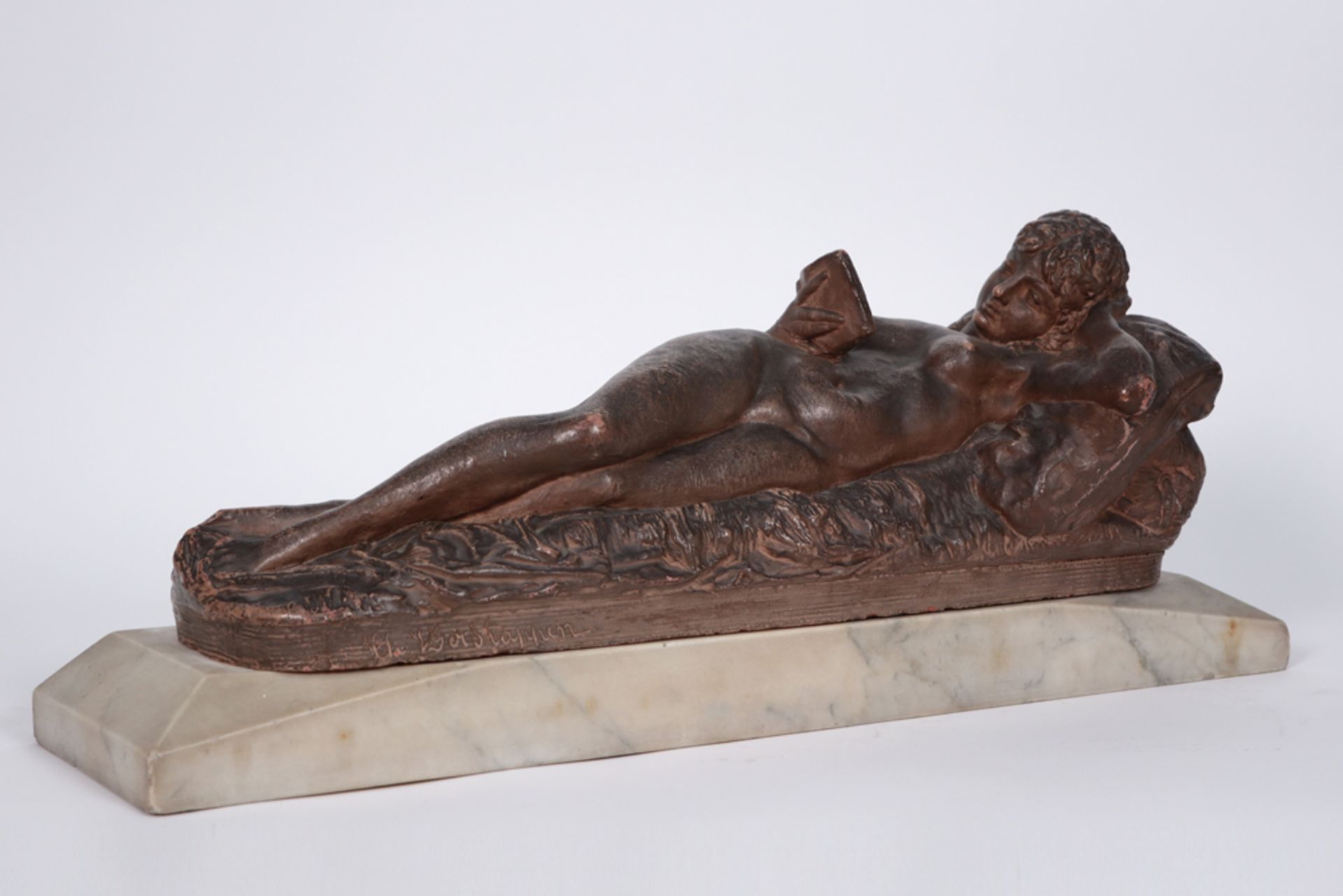19th Cent. Belgian sculpture in earthenware on a marble base - signed Charles P. Van der - Image 2 of 4