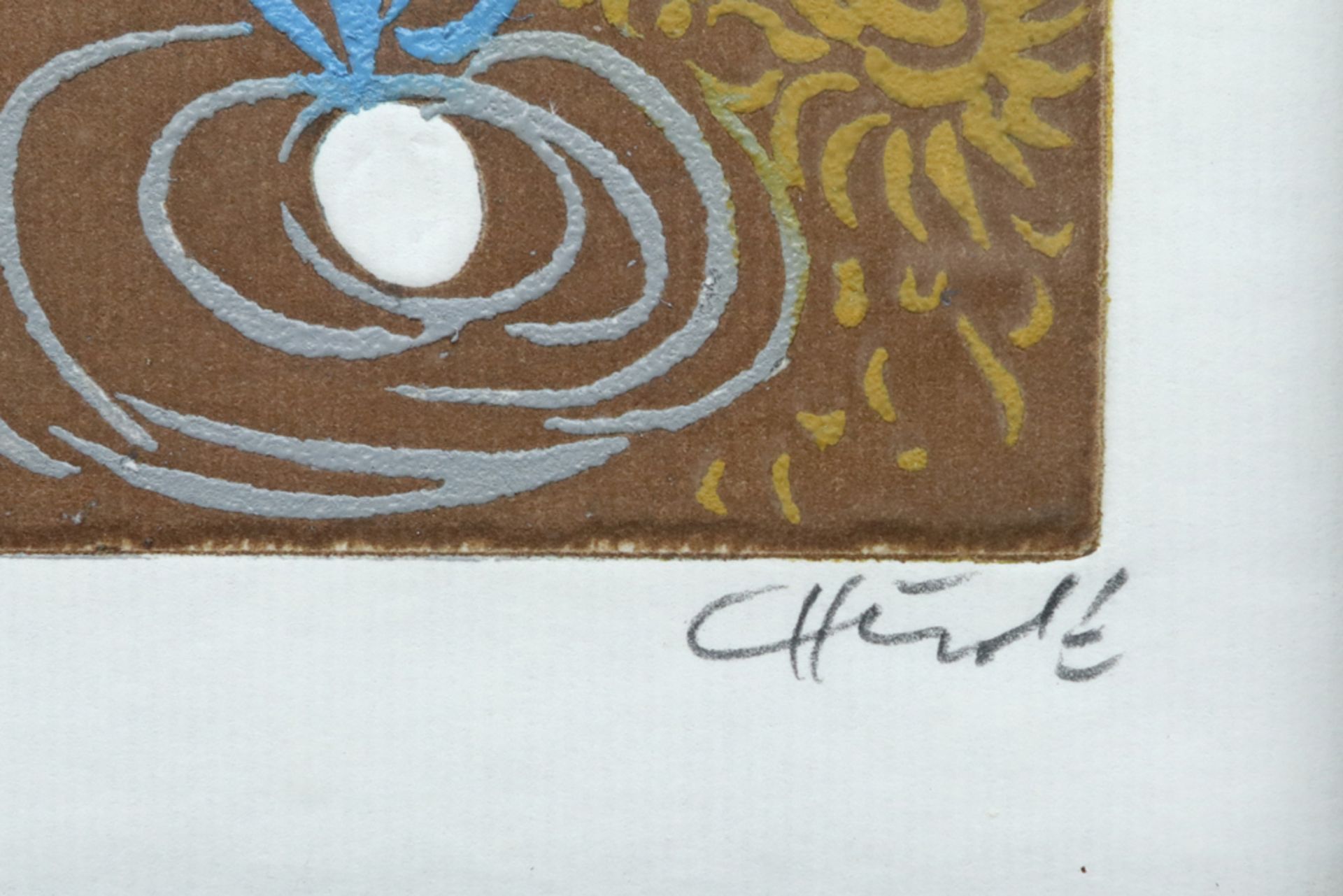 illegibly signed etching || Onleesbaar getekend ets in kleur n° 40/60 : "Compositie" - 13,5 x 9 - Image 2 of 3