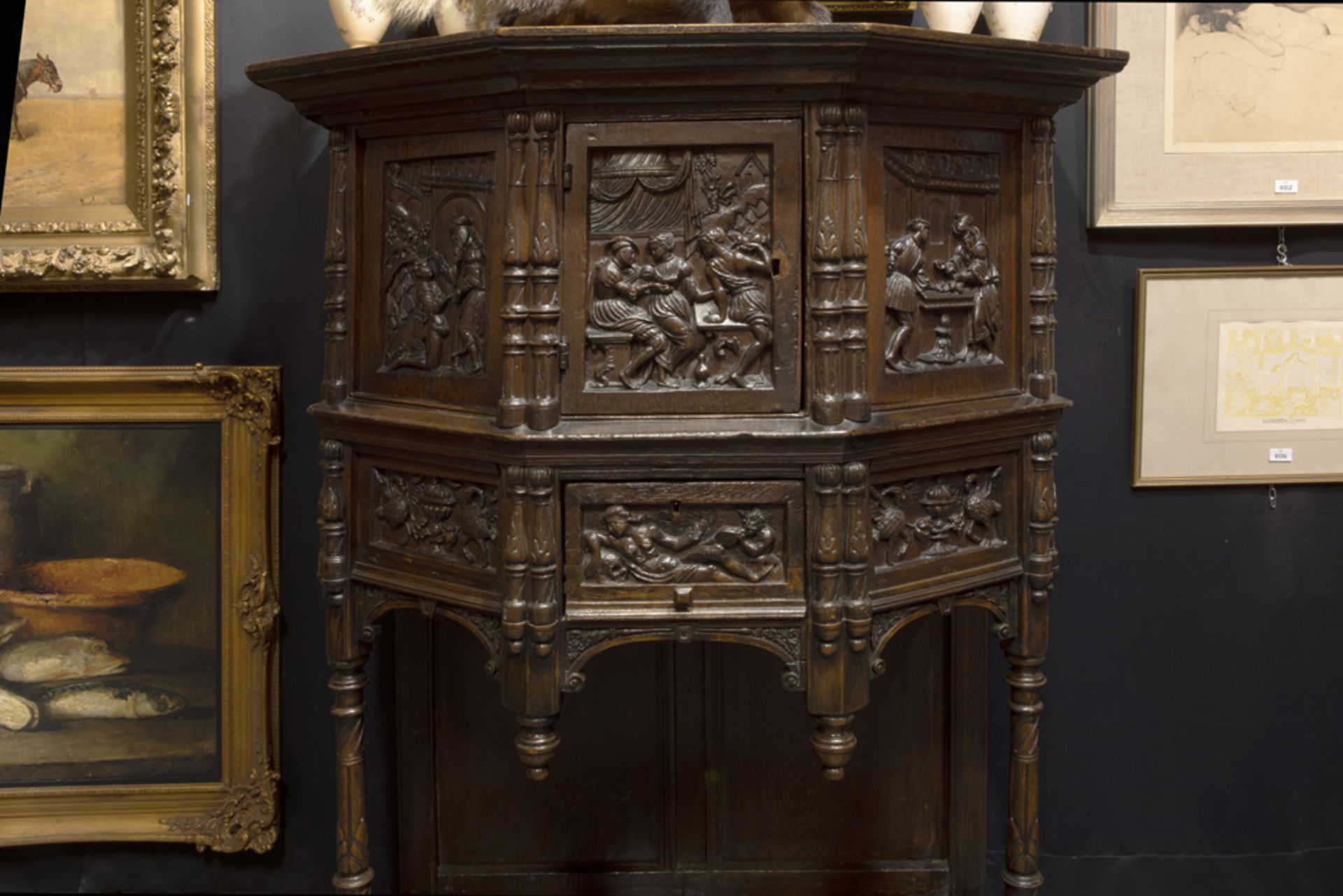 antique oak cabinet with presumably older panels with finely sculpted Renaissance style - Image 4 of 4