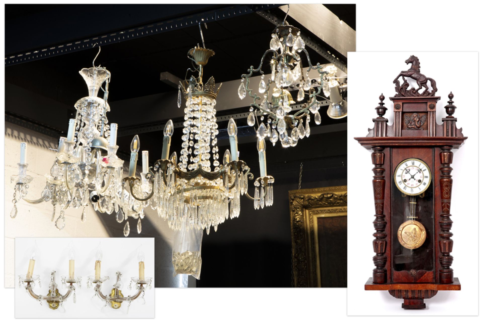 three chandeliers and a wall clock || Lot met drie lusters, applieken en een hangklok