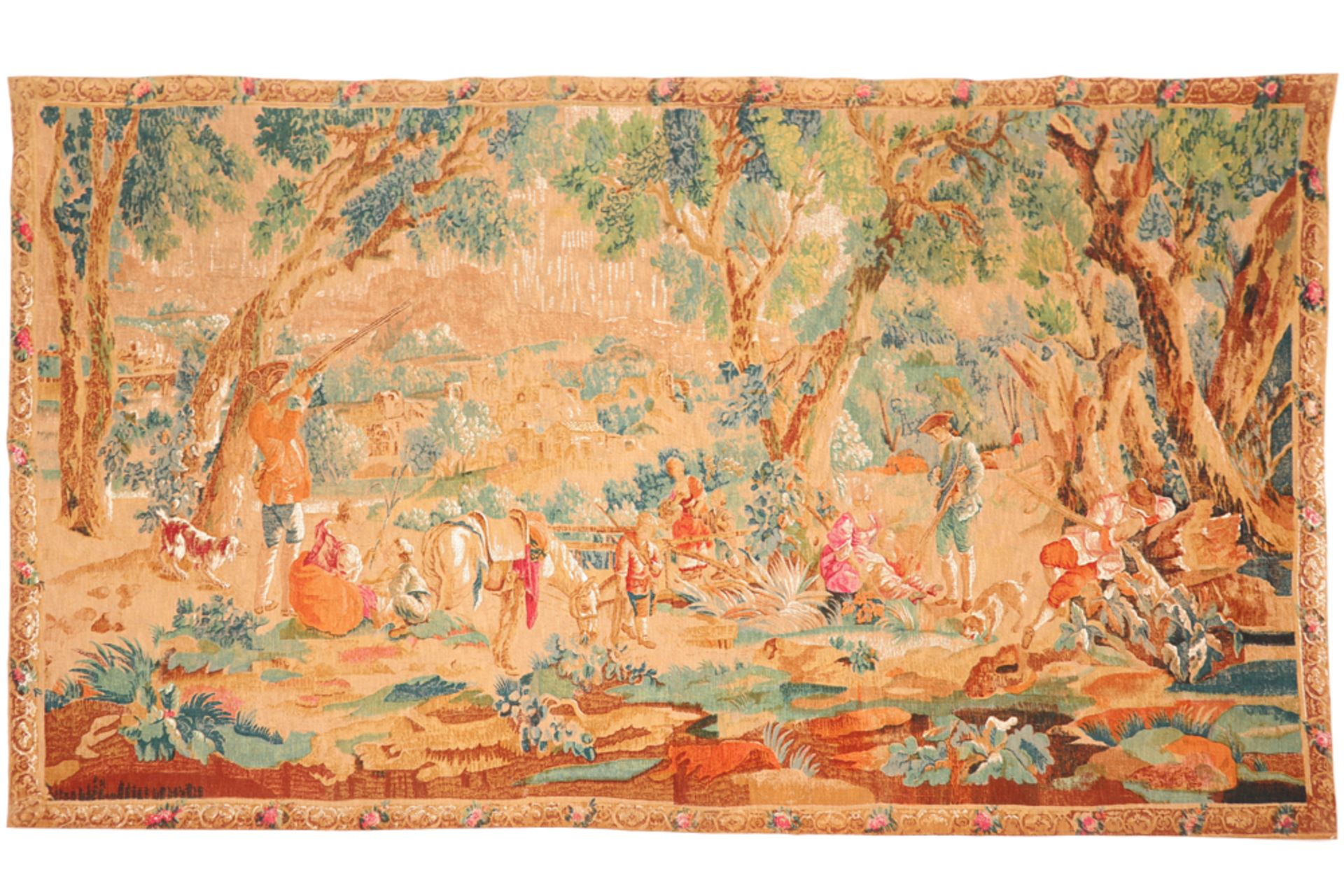 20st Cent. tapestry with a theme after an 18th century one || Gobelin naar het werk "La halte des