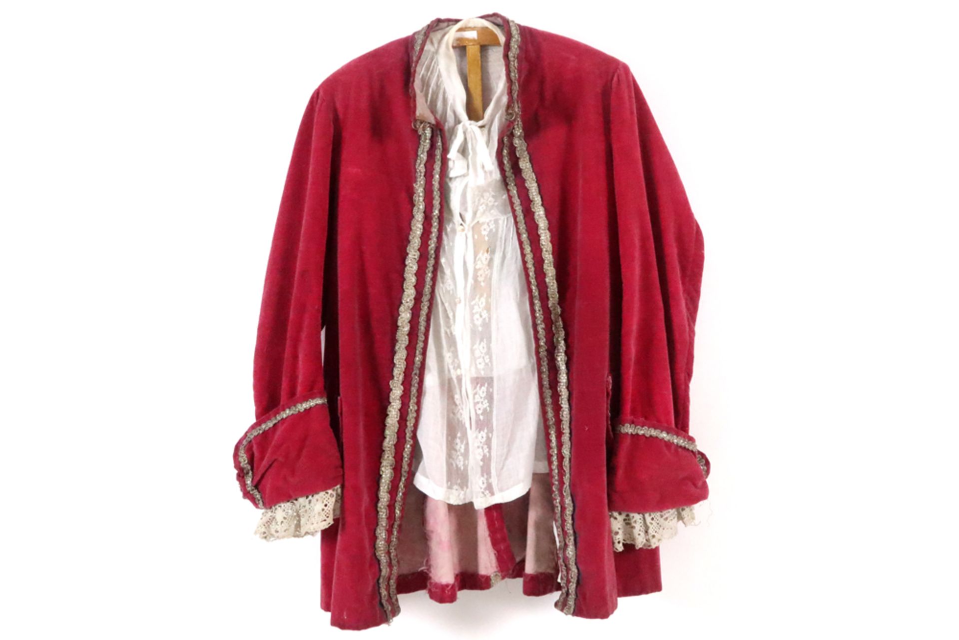 antique coat in velvet with silver brocade and lace sleeves & an antique shirt in silk, lace and