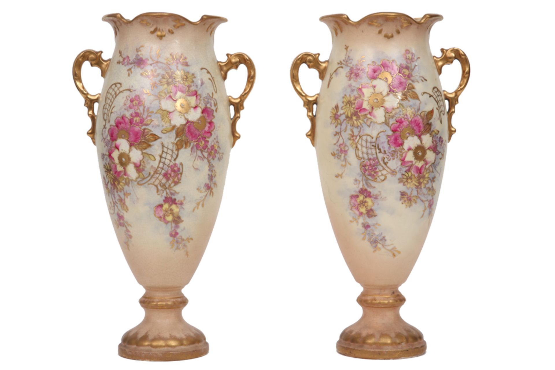 pair of late 19th Cent. vases in marked ceramic || Paar laat negentiende eeuwse vazen in gemerkt
