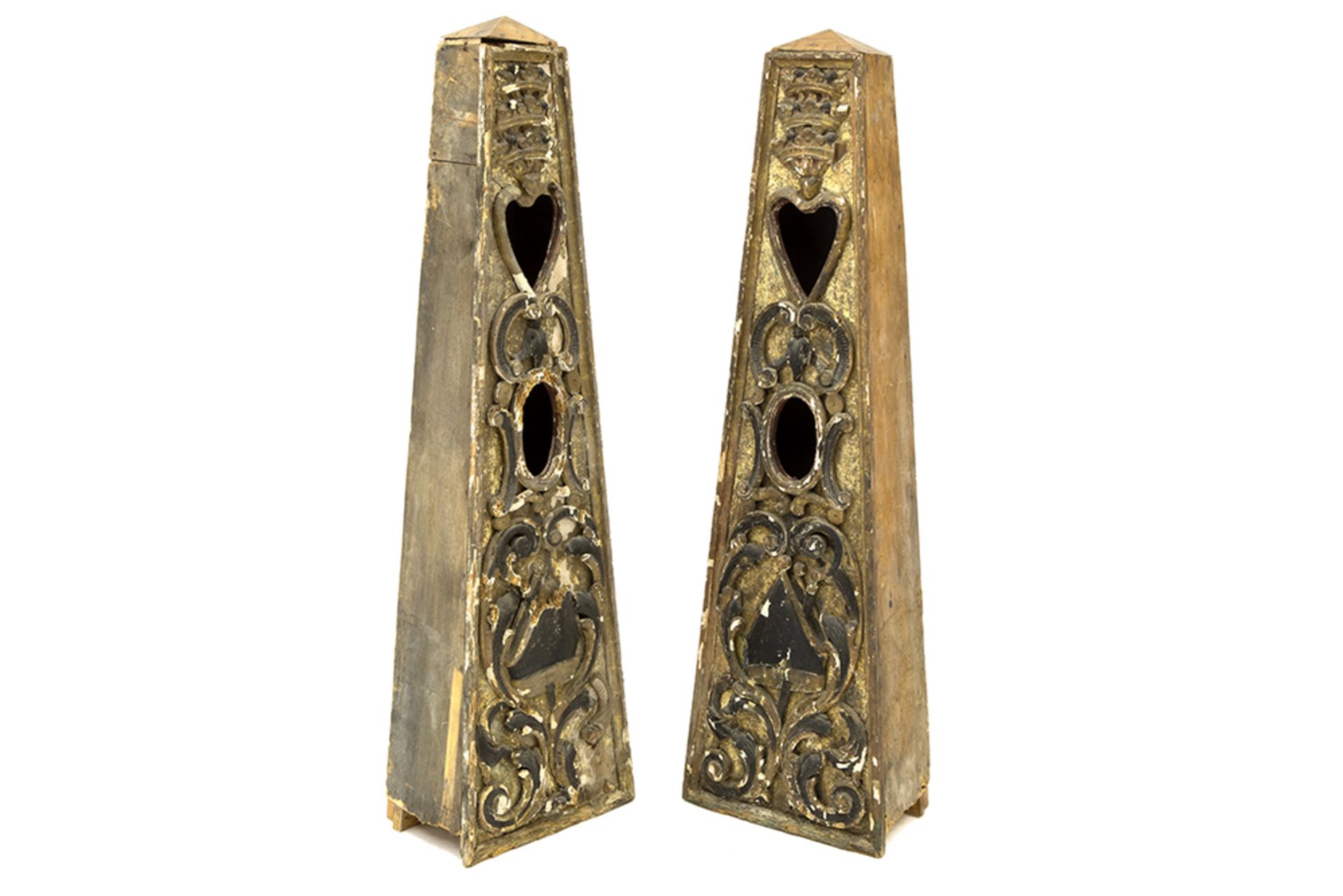 pair of 18th Cent. South European decorative obelisk shaped sculptures in polychromed wood with a