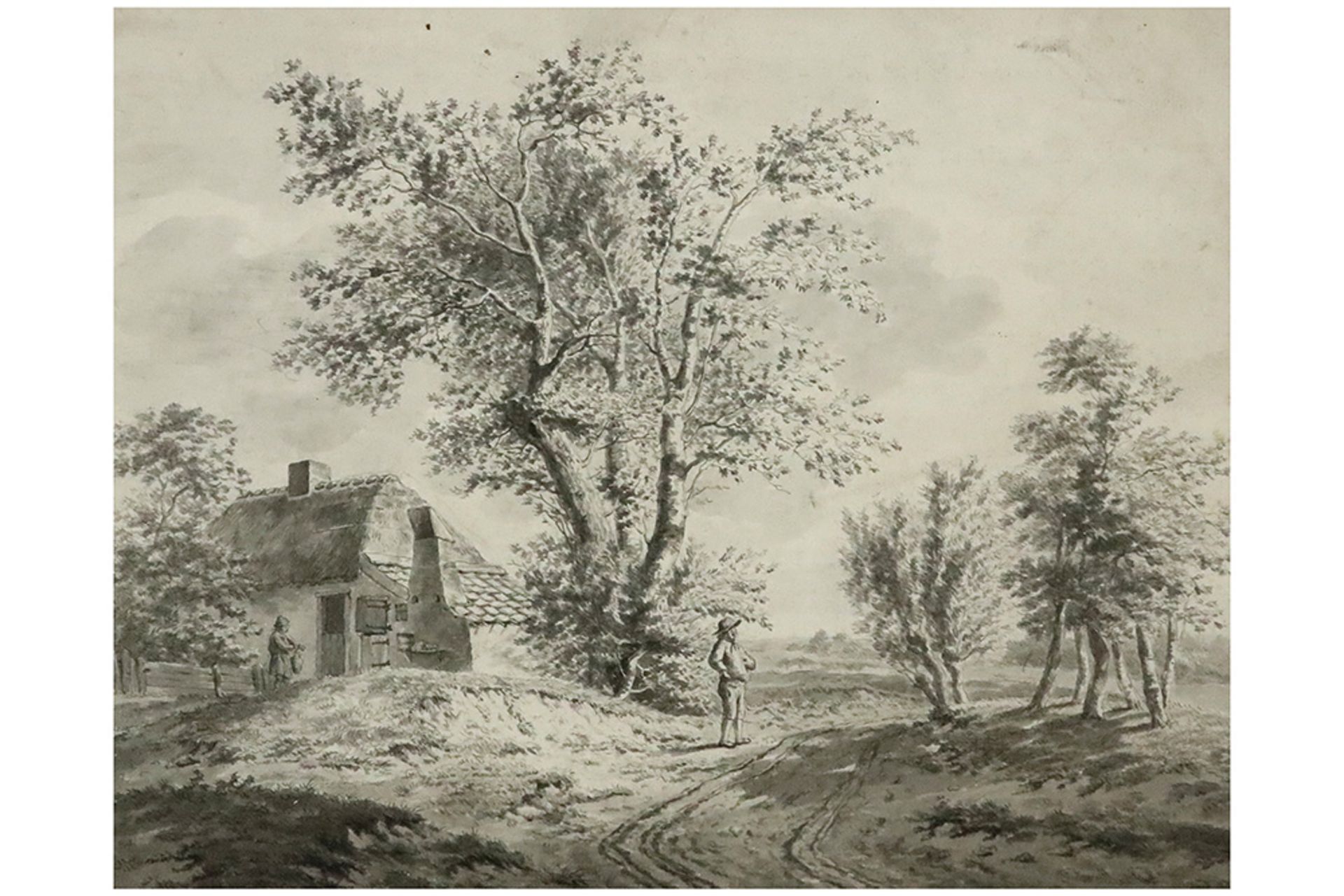 18th Cent. Dutch "animated landscape" drawing || NEDERLAND - 18° EEUW potloodtekening : "