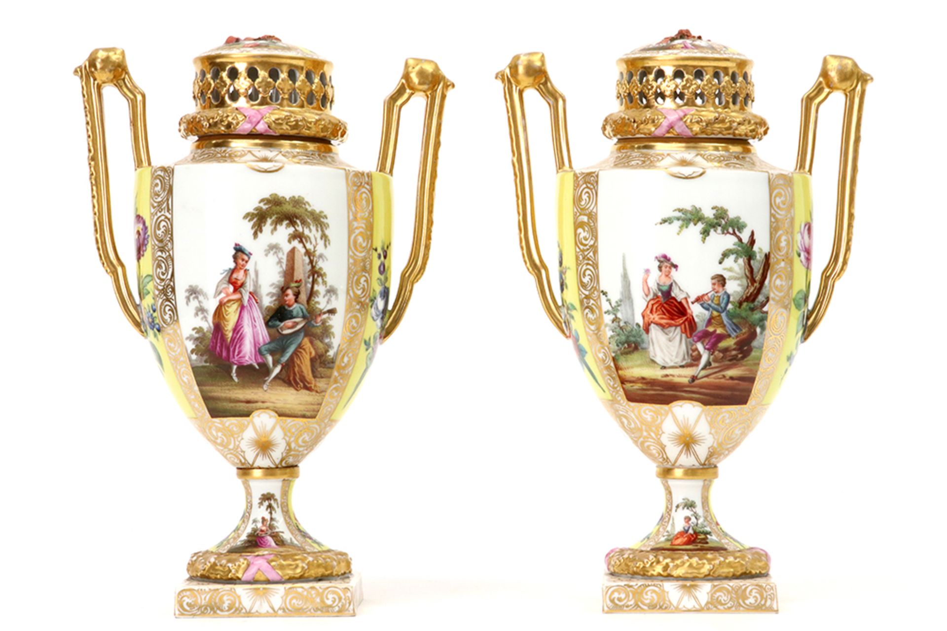 pair of antique neoclassical lidded vases in "AR (Augustus Rex)" marked porcelain with finely