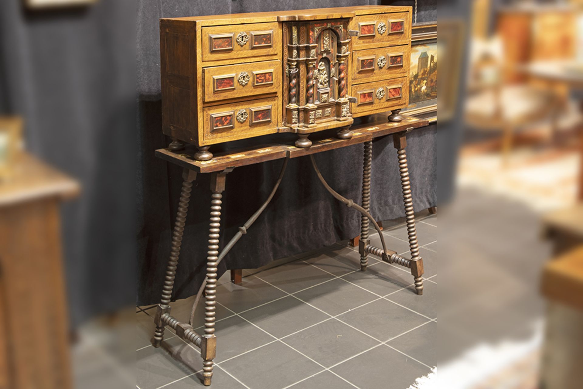 18th Cent. Spanish cabinet in walnut and tortoiseshell sold with an antique Spanish "puente" table