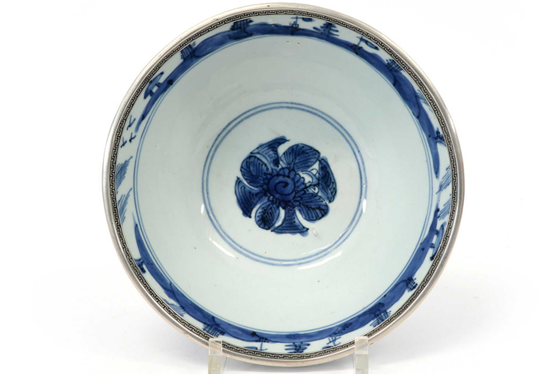 18th Cent. Chinese bowl in porcelain with a blue-white decor and with younger rim in marked - Image 3 of 4