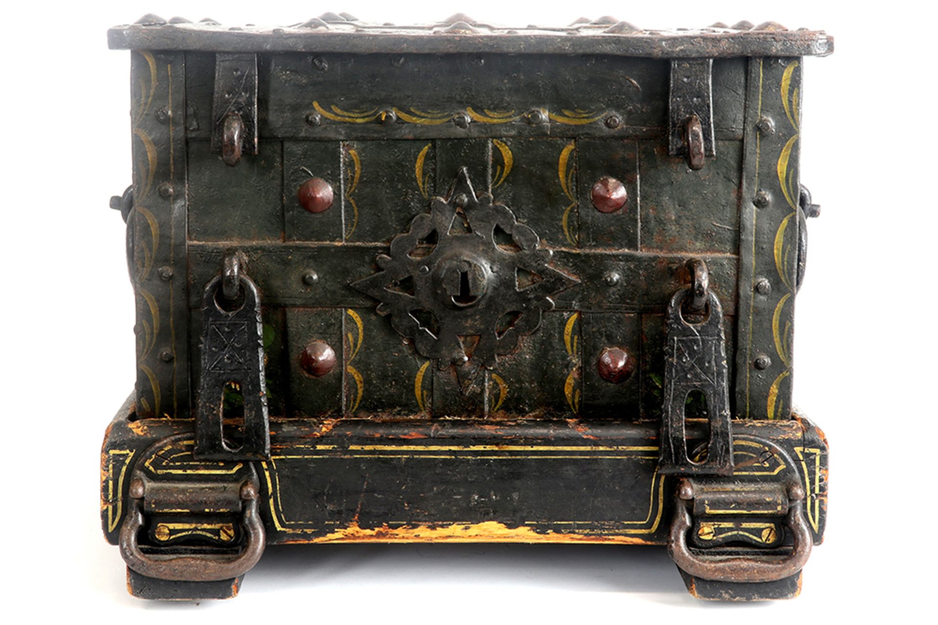 17th Cent. because of the small size quite rare chest in iron with remains of the original - Image 7 of 9