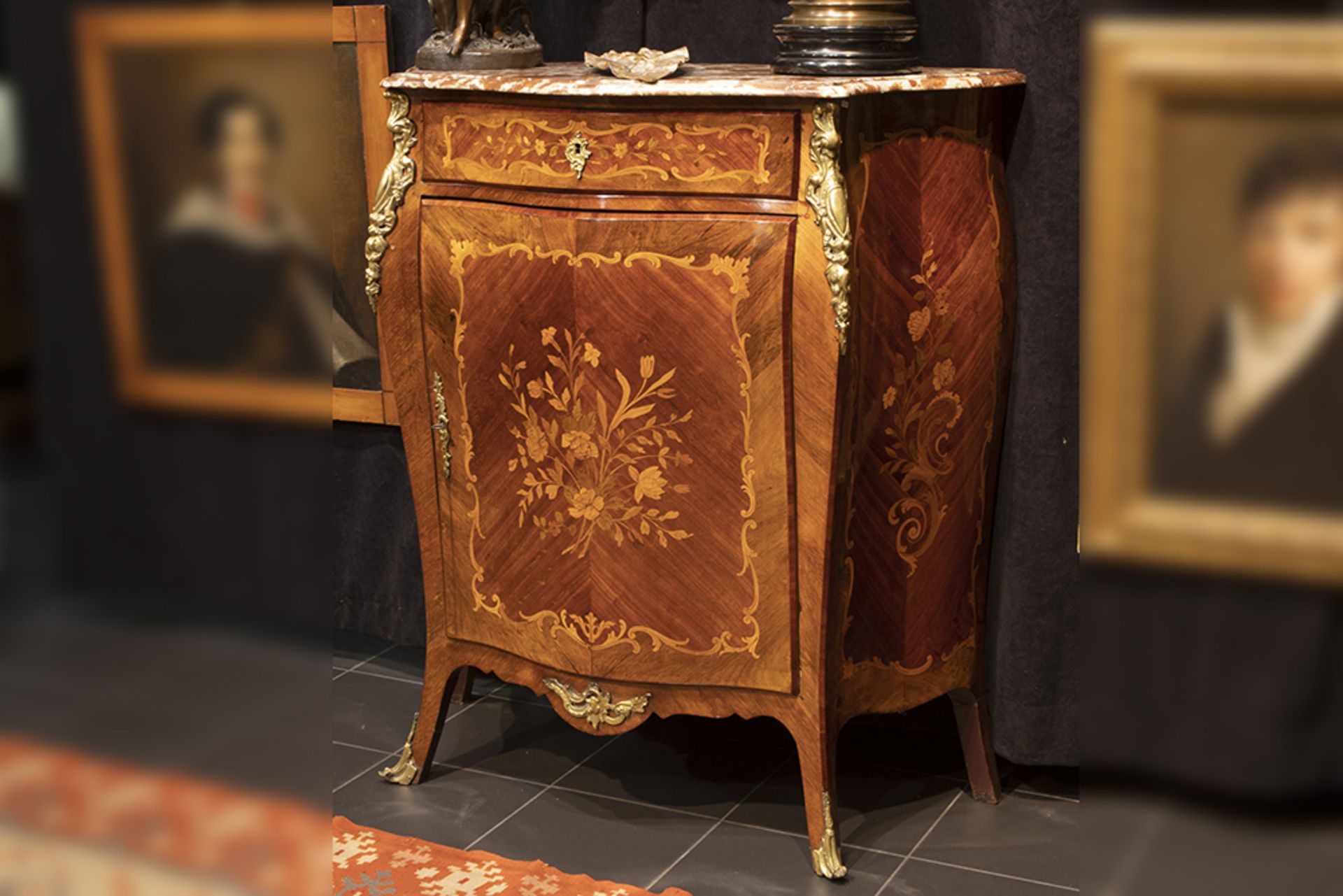 19th Cent. French Napoleon III Louis XV style cabinet in marquetry with rich mountings in guilde