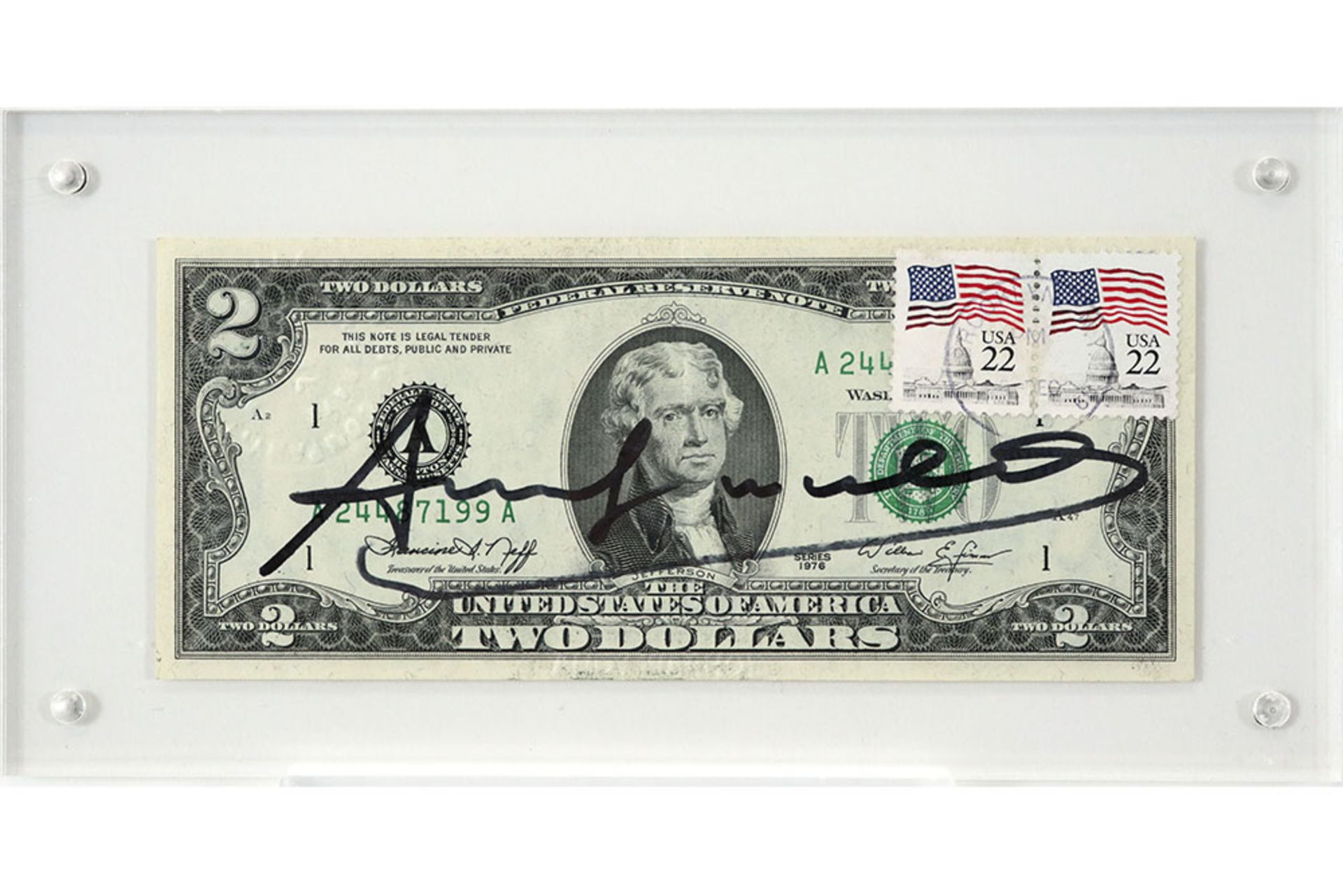 Andy Warhol signed one-dollar banknote with two stamps and a name stamp on the back || WARHOL - Bild 3 aus 4