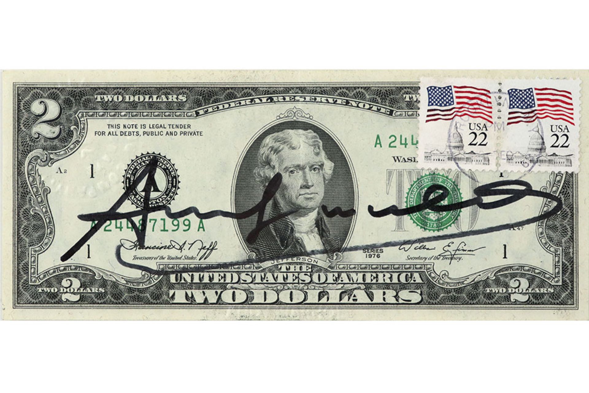 Andy Warhol signed one-dollar banknote with two stamps and a name stamp on the back || WARHOL