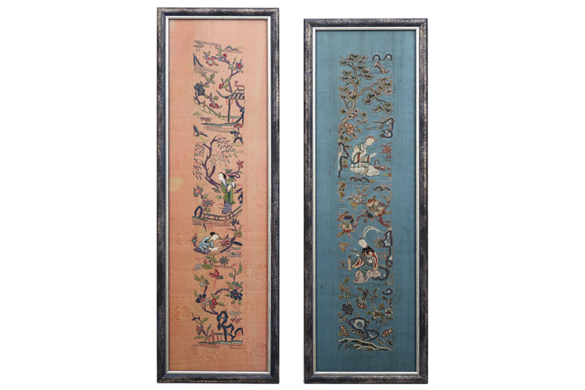 pair of framed antique Chinese Qing period embroideries in silk on silk and with brocade ||