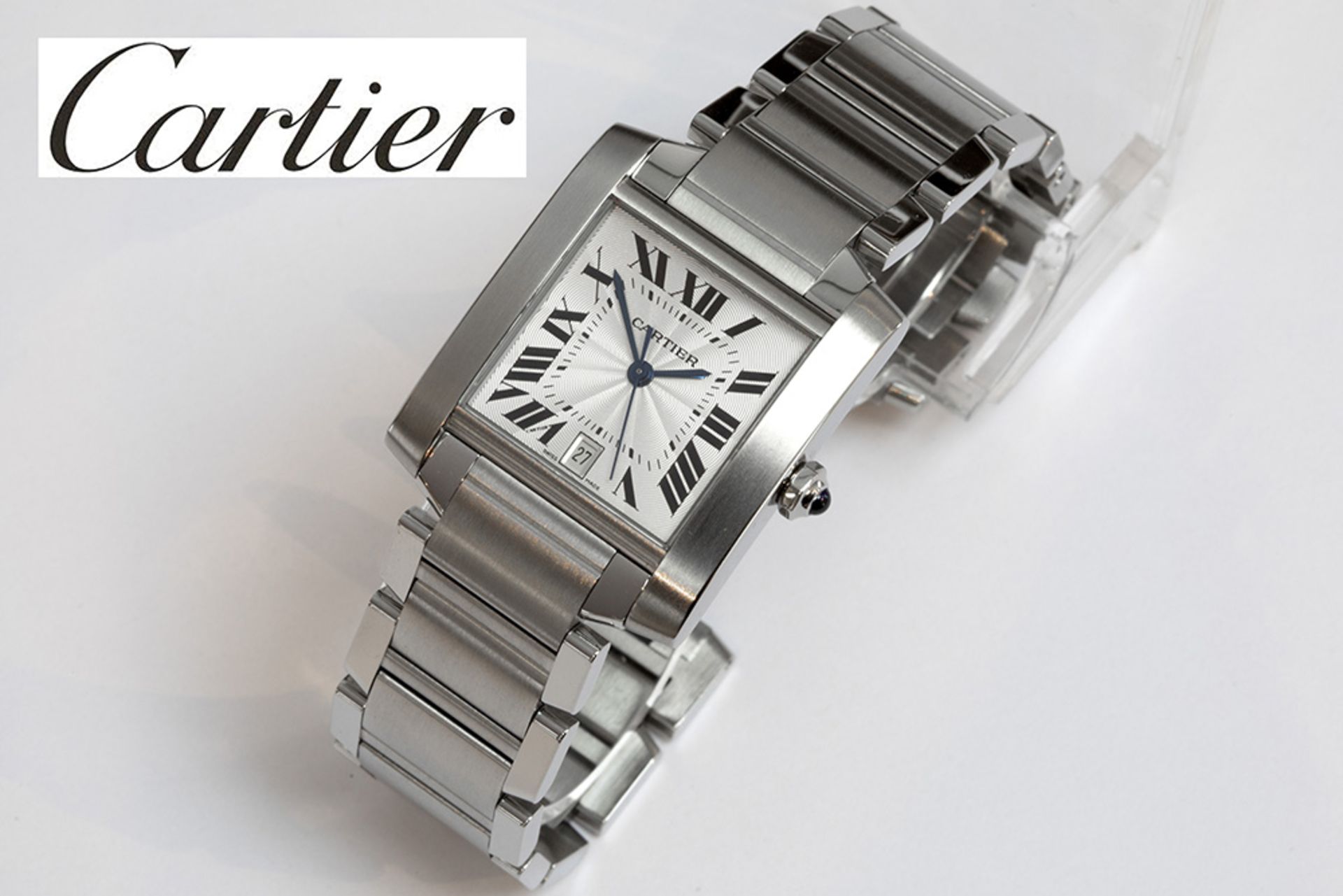 completely original automatique "Cartier Tank française" wristwatch in steel - with its box