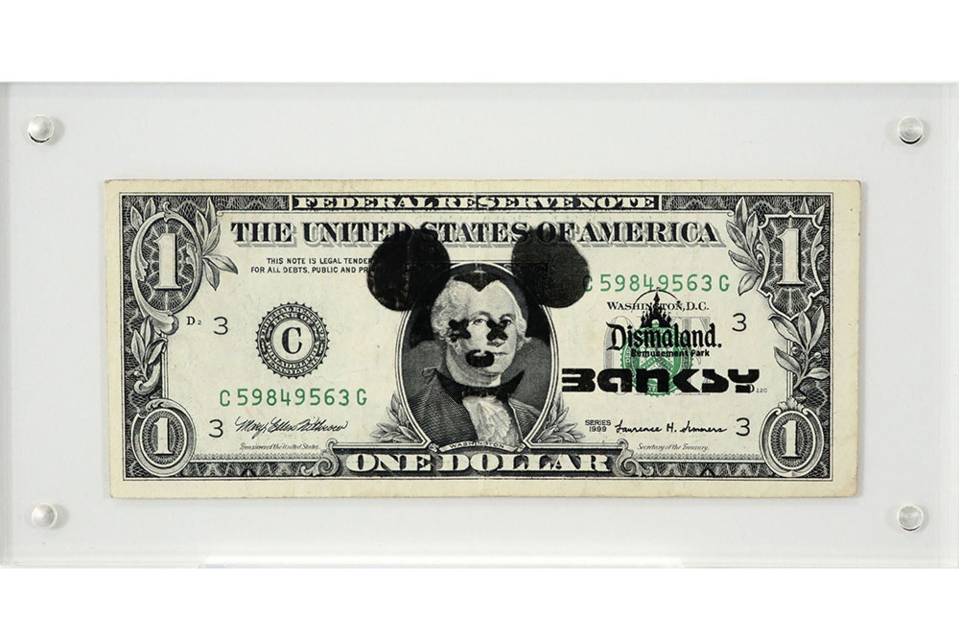 Banksy "Dismaland One Dollar" banknote print on canvas with Mickey Mouse dd 2015 with on the back - Image 2 of 3