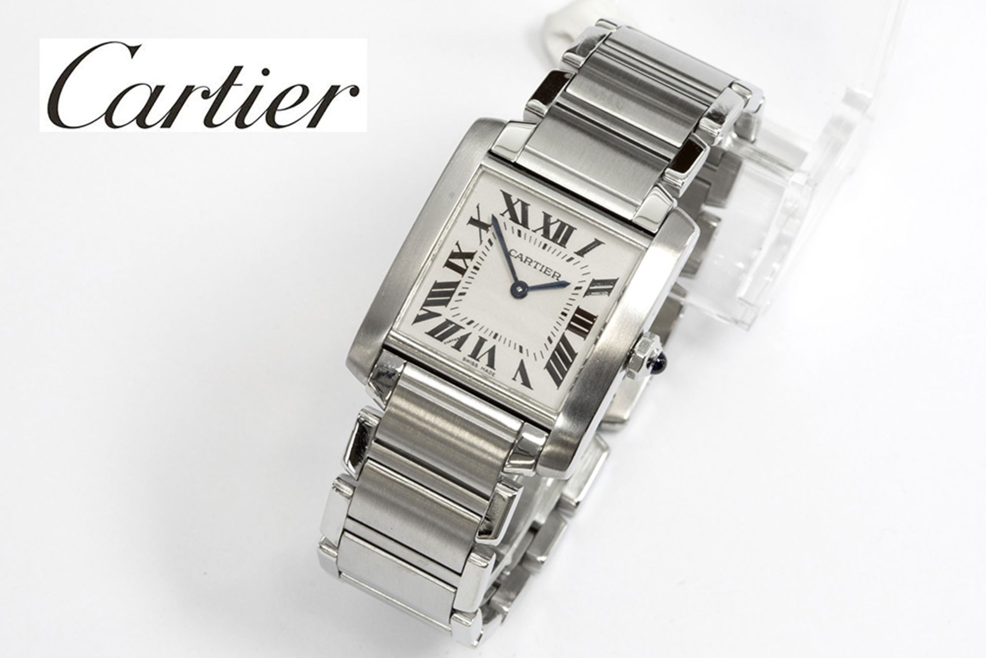 completely original Cartier marked quartz "Tank française" wristwatch in steel - with its papers and