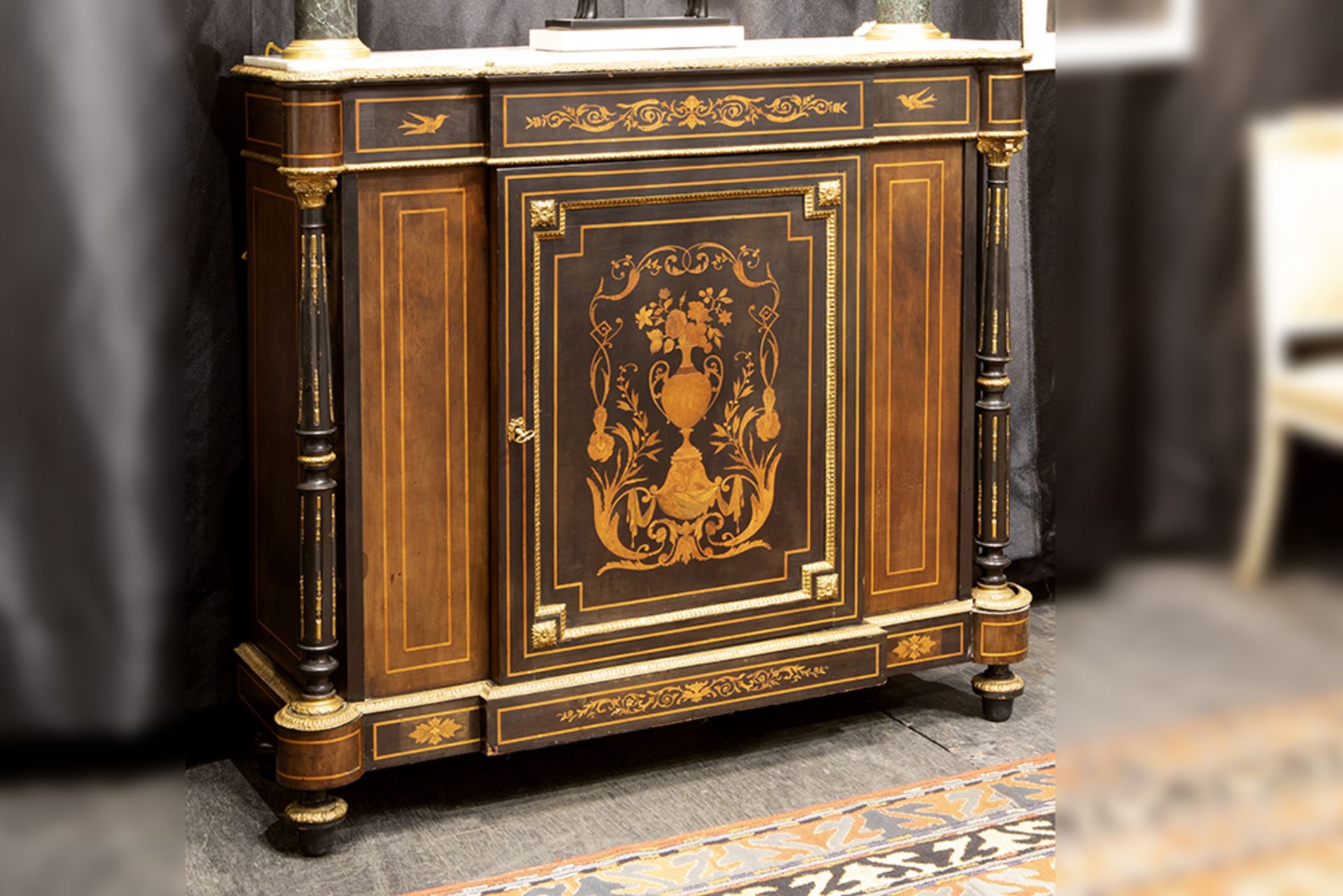 19th Cent. French Napoleon III neoclassical style dresser in marquetry and with nice mountings in