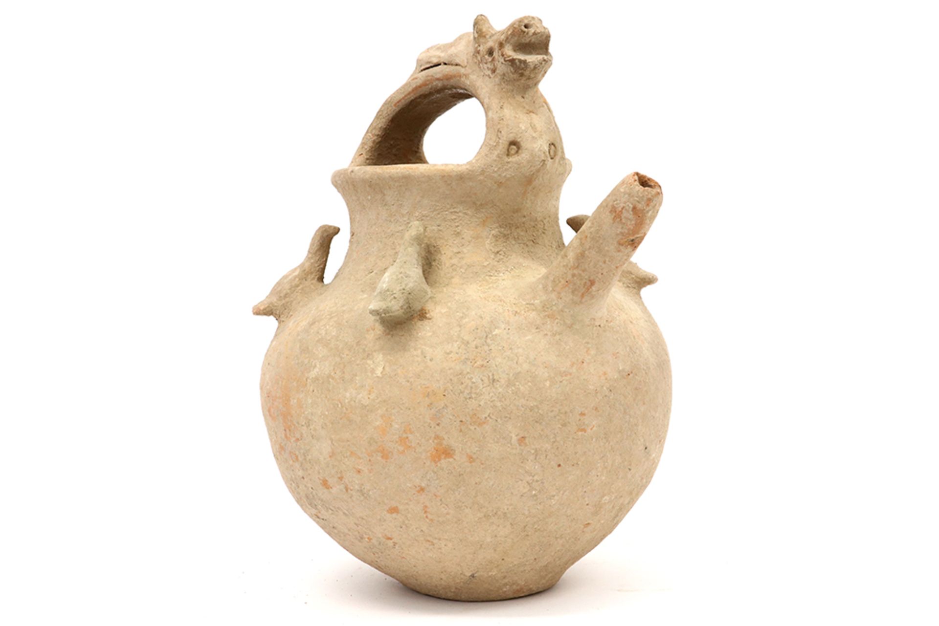 rare Ancient Persian ritual spout pot in earthenware adorned with five pigeons and with a mythical - Image 2 of 5