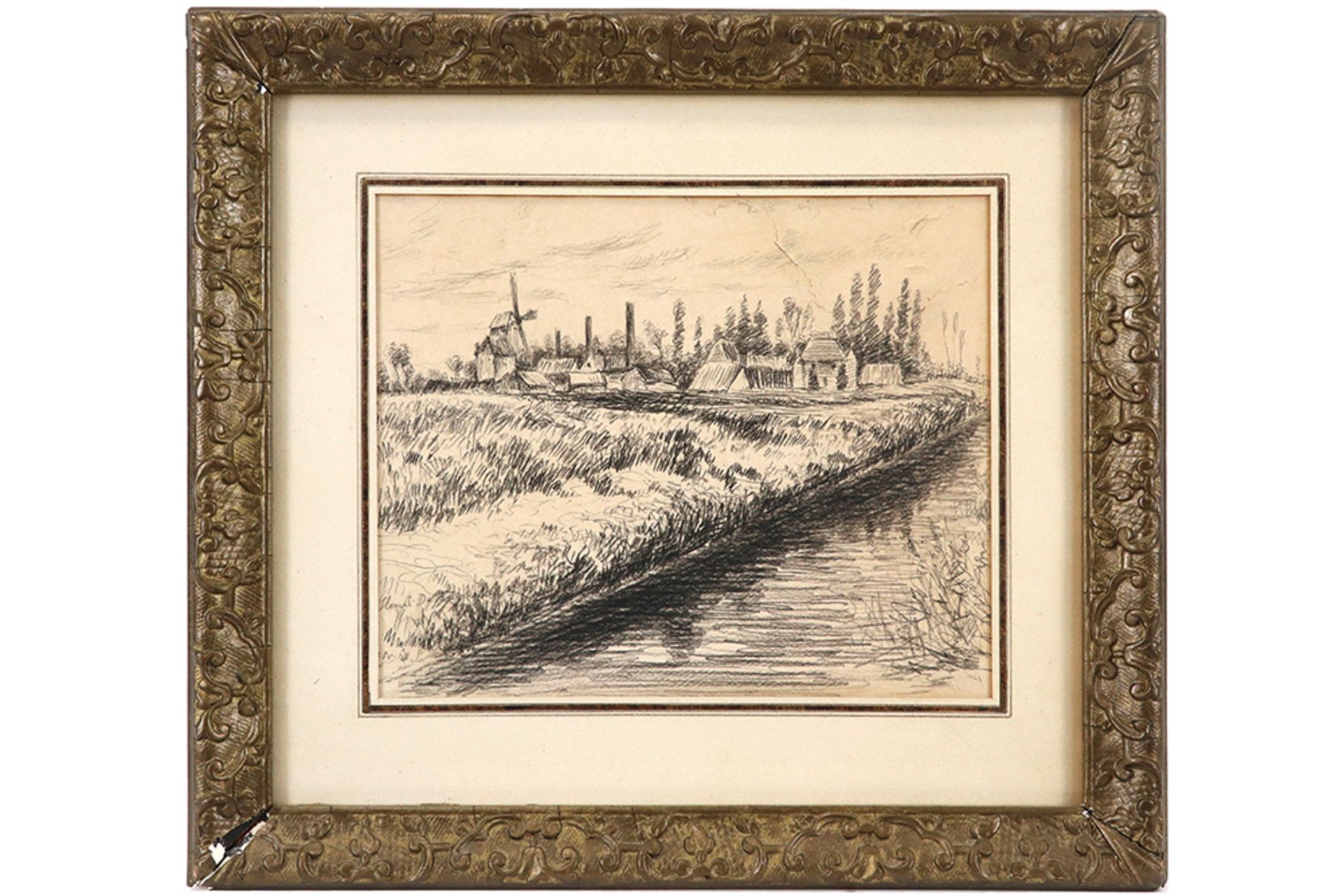 19th Cent. Belgian pencil drawing - signed Henri De Braekeleer and with an old label on the - Image 2 of 3