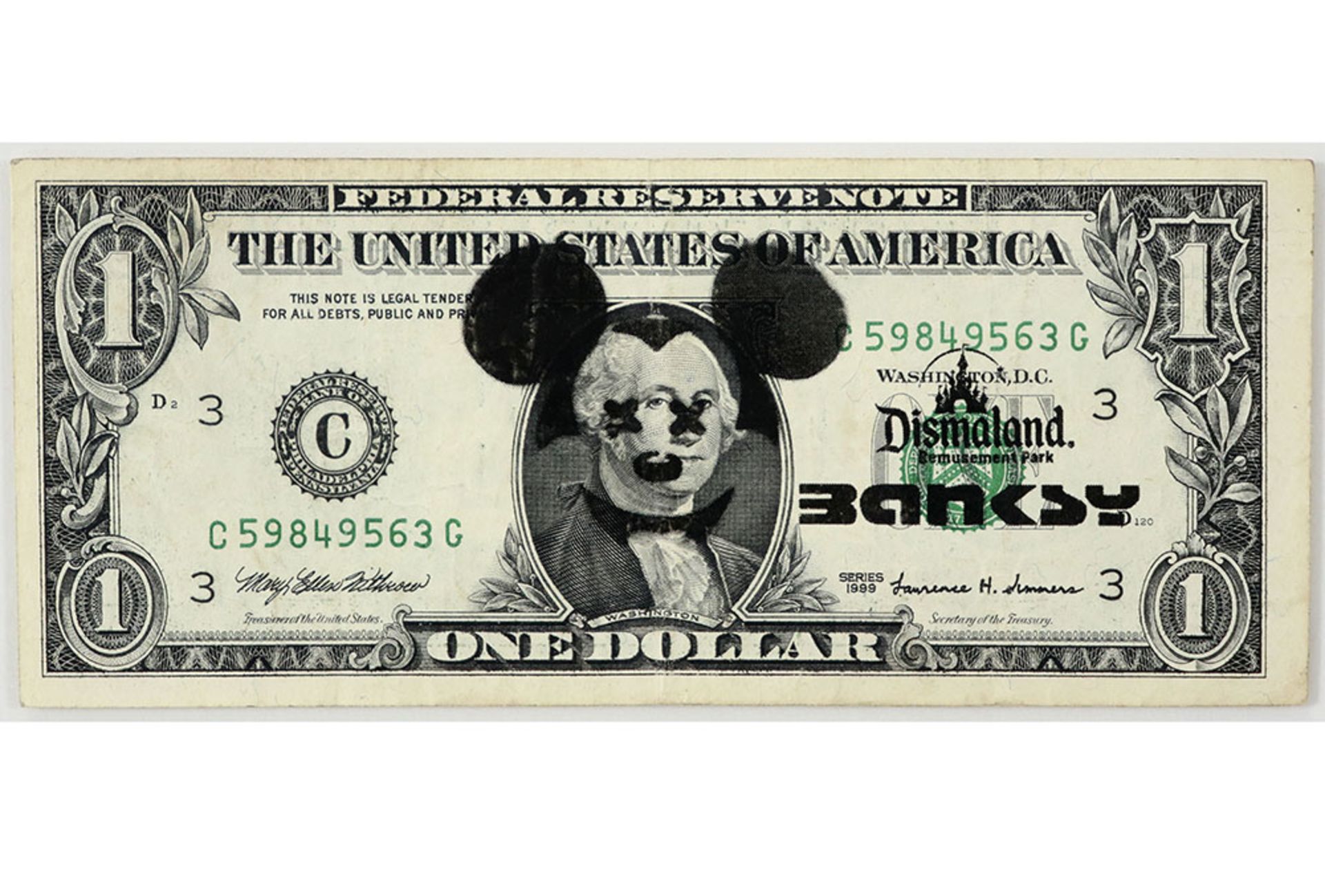 Banksy "Dismaland One Dollar" banknote print on canvas with Mickey Mouse dd 2015 with on the back