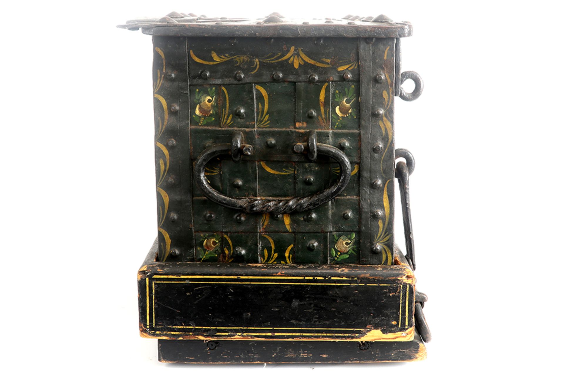 17th Cent. because of the small size quite rare chest in iron with remains of the original - Image 8 of 9