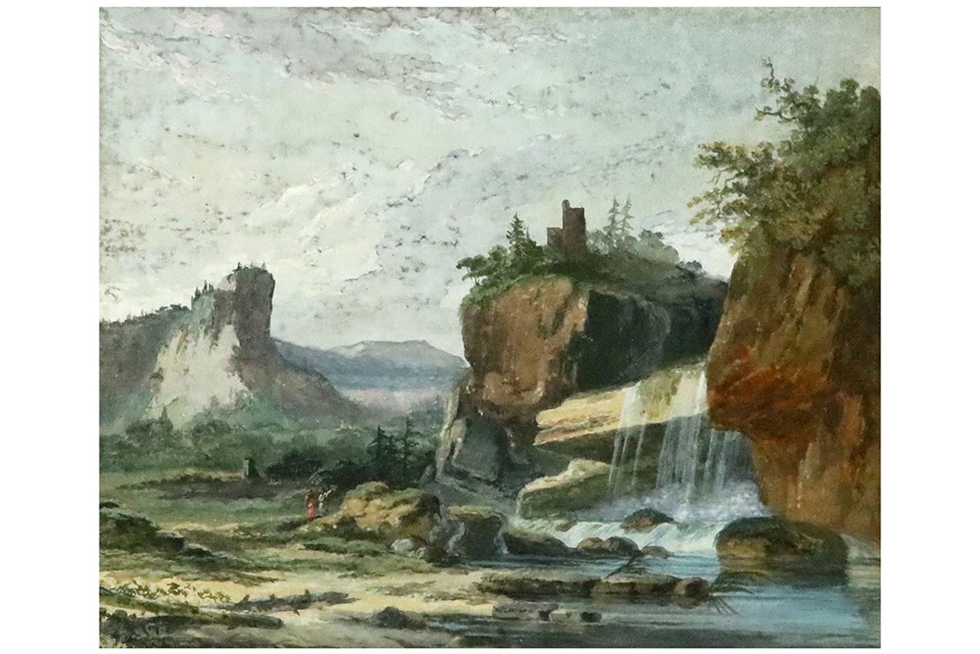 18th Cent. Italian "Animated landscape with figures near a waterfall" gouache || ITALIË - 18° EEUW