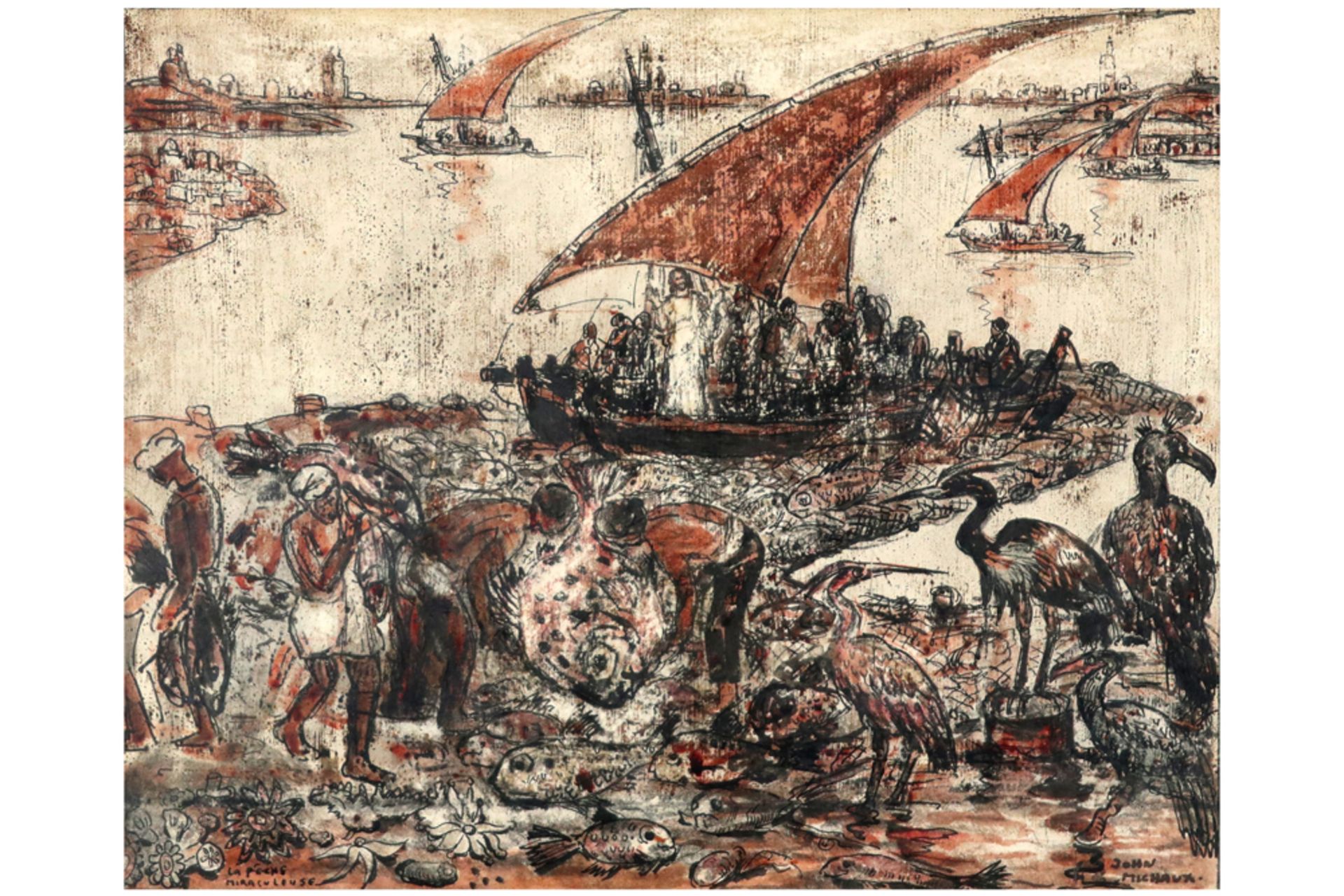 MICHAUX JOHN (1876 - 1956) werk in gemengde techniek : "De wonderbaarlijke visvangst"  -  31,5 x 39 