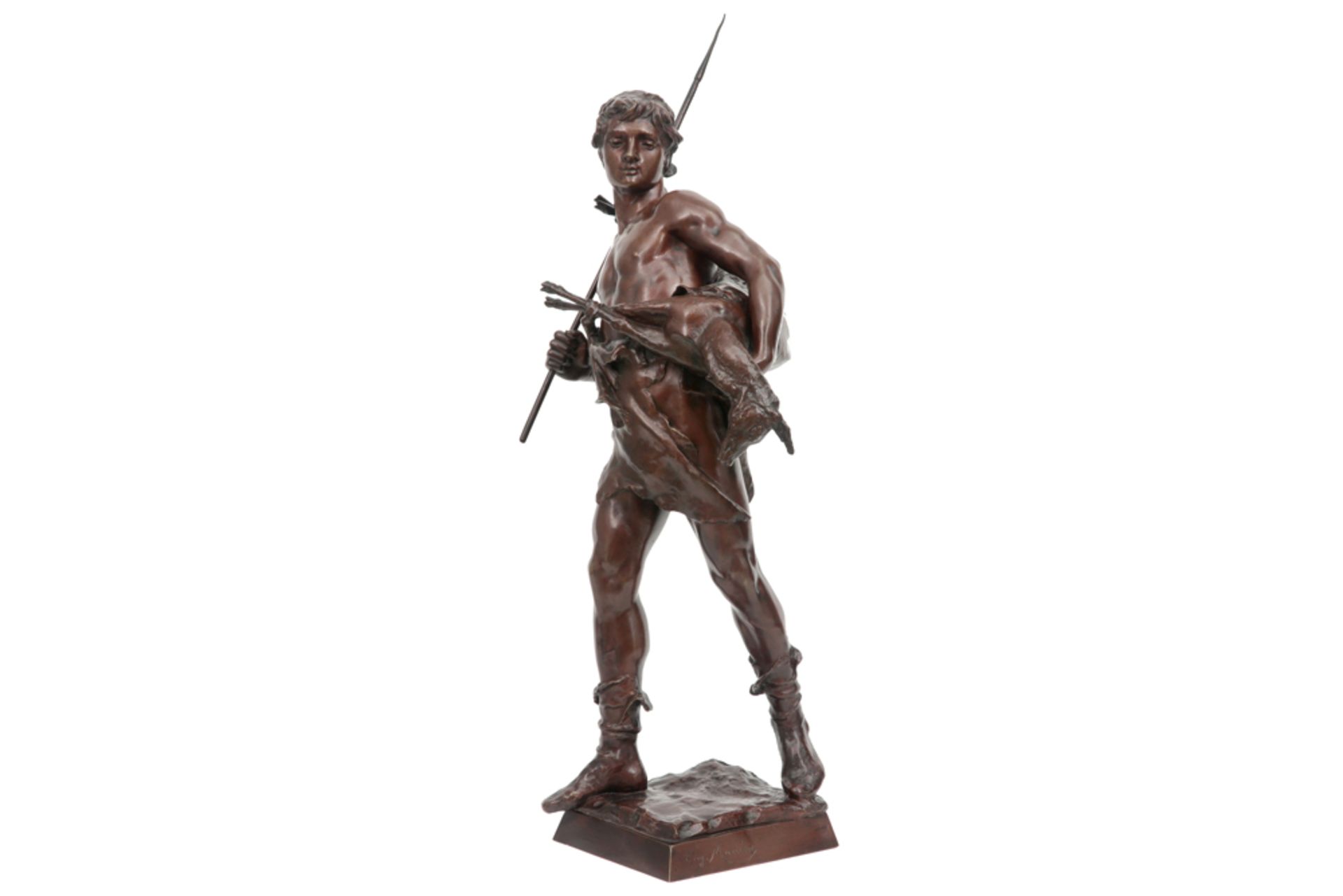 MARIOTON EUGÈNE (1854 - 1933) antieke sculptuur in brons : "Jager"  -  hoogte : 62 cm getekend en me - Image 2 of 6