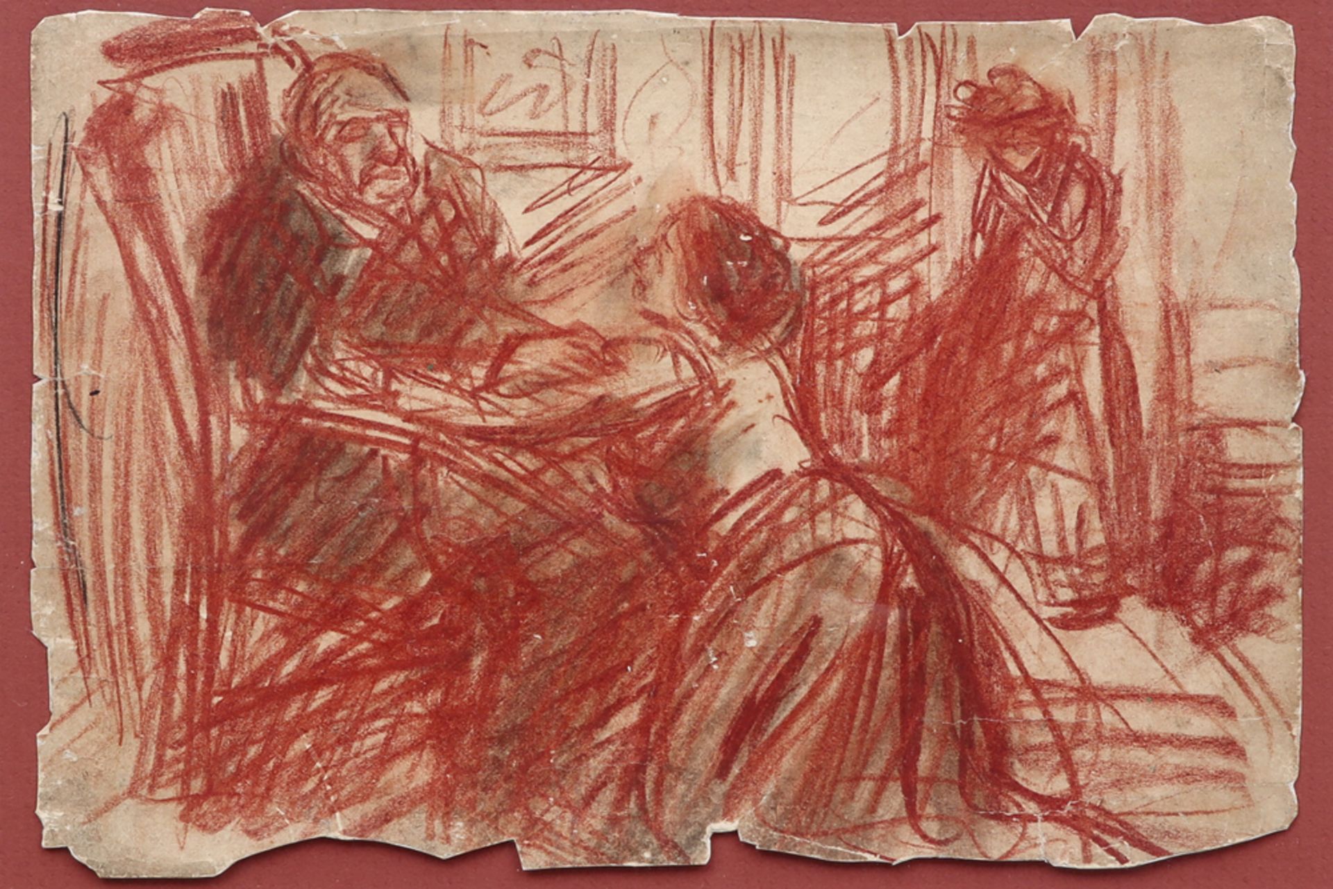 VAN MIEGHEM EUGÈNE (1875 - 1930) tekening (hoofdzakelijk sanguine) : "Twee vrouwen bij oude heer"  -