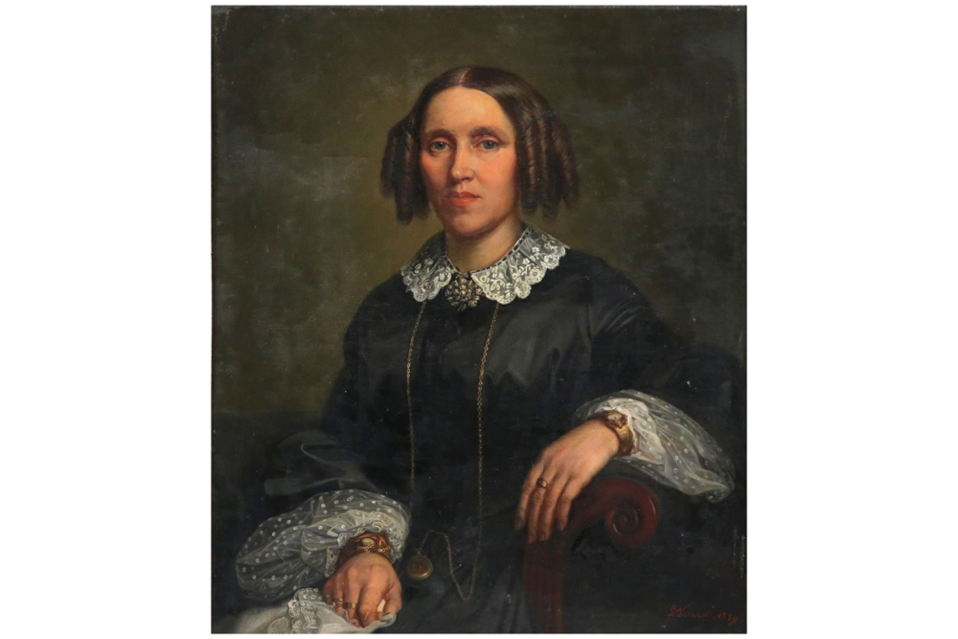 VERMOTE LIÉVIN (1827 - 1869) pendant olieverfschilderijen op doek (gemaroufleerd) : "Mans-" en "Vrou - Bild 7 aus 9