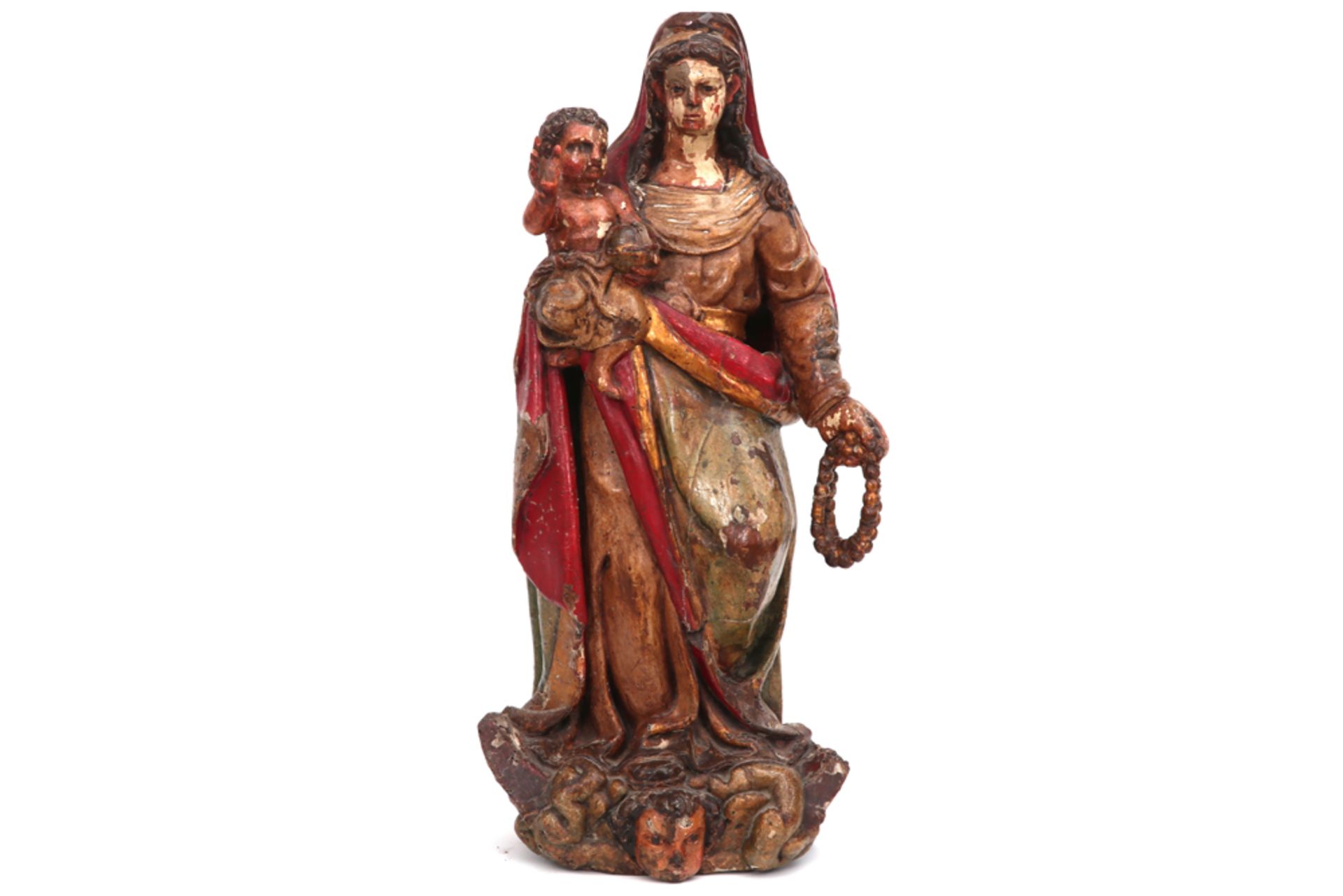 Zeventiende eeuwse Zuid-Europese sculptuur met originele polychromie : "Madonna met kind"  -  hoogte