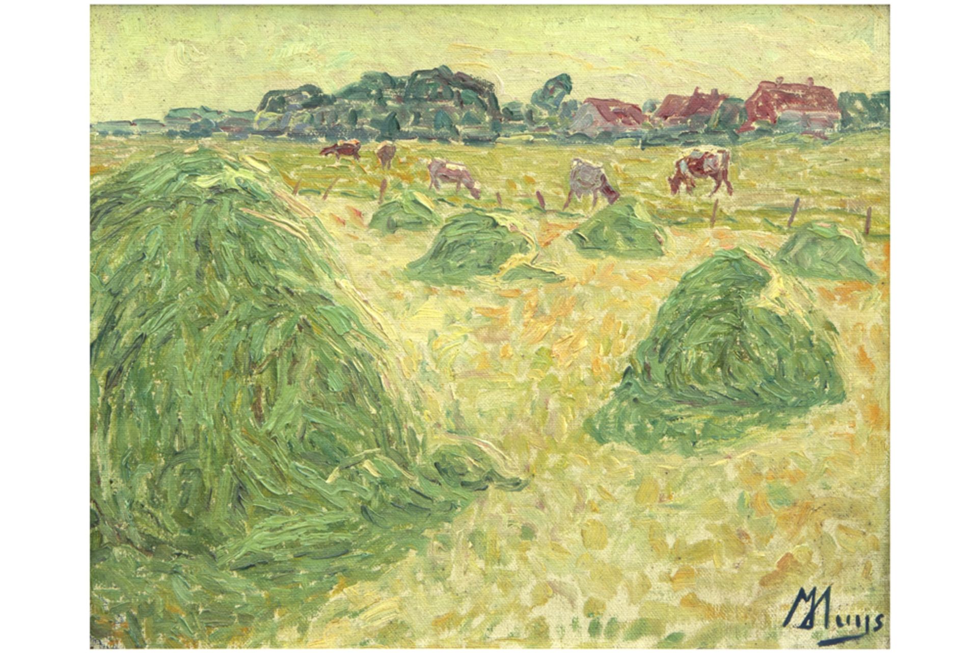 HUYS MODEST (1875 - 1932) impressionistisch olieverfschilderij op board : "Weide met koeien en hooih