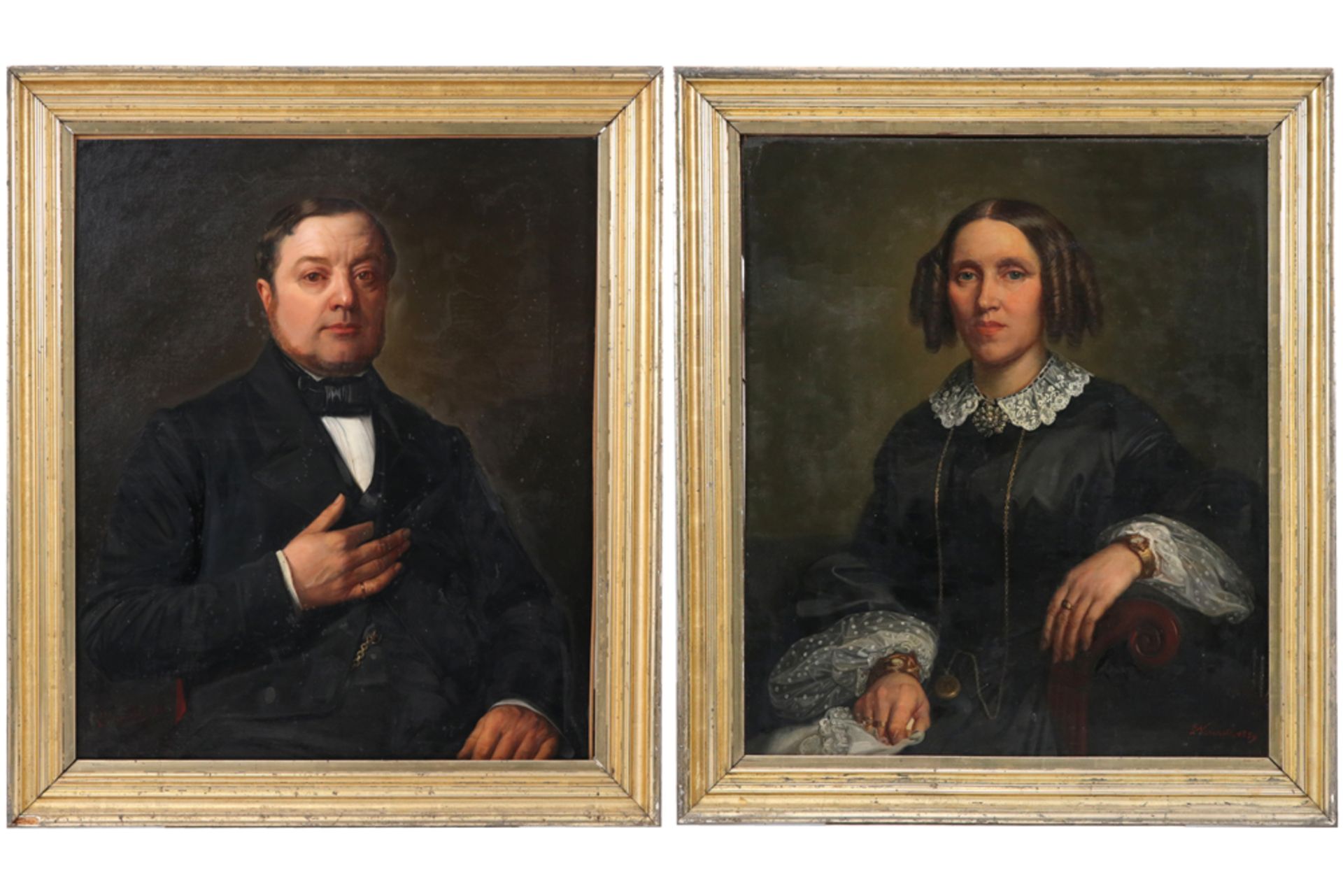 VERMOTE LIÉVIN (1827 - 1869) pendant olieverfschilderijen op doek (gemaroufleerd) : "Mans-" en "Vrou
