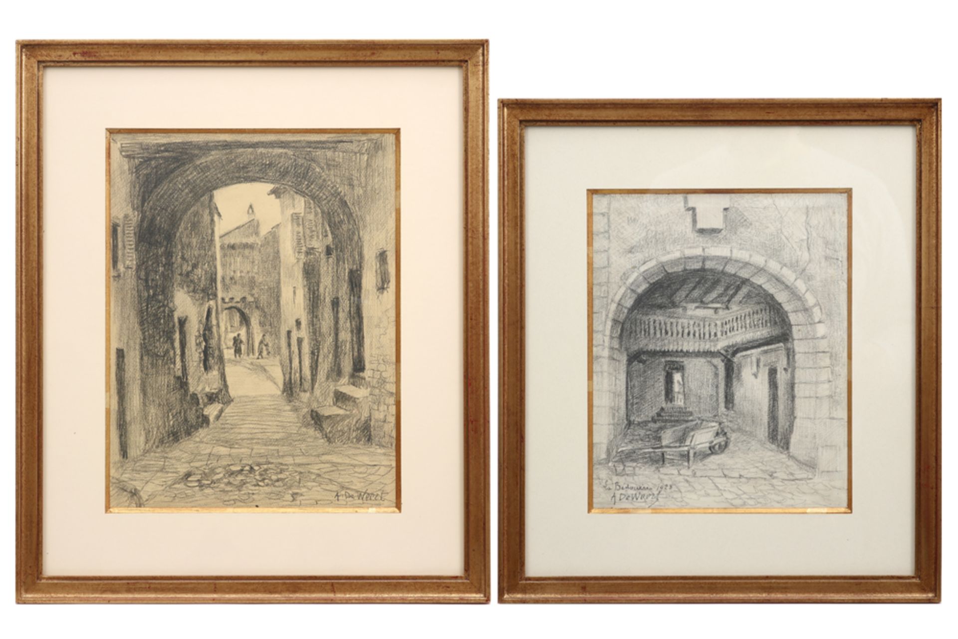 DE WEERT ANNA, VIRGINIE, CAROLINE (1867 - 1950) twee tekeningen, telkens met een tentoonstellingseti