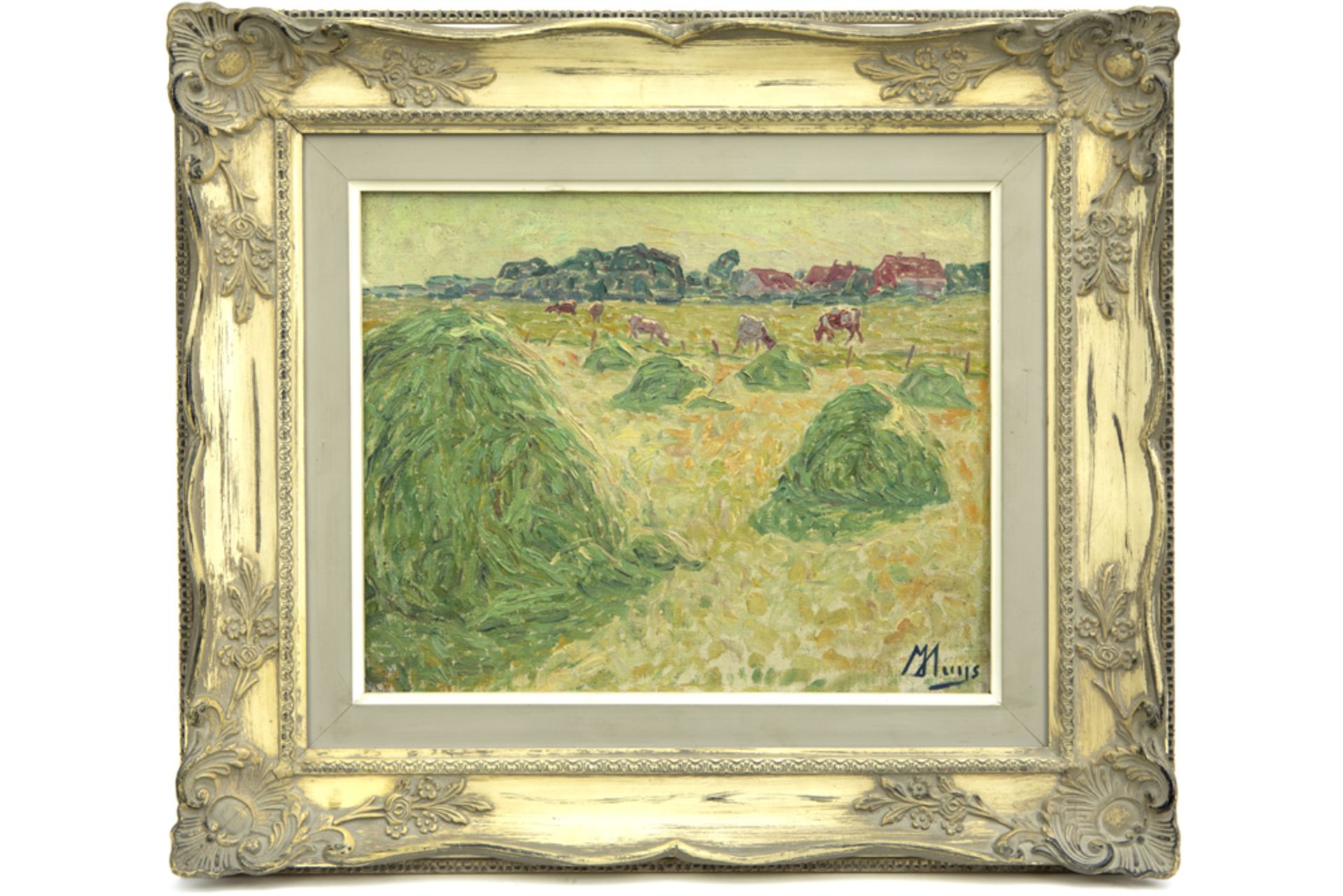 HUYS MODEST (1875 - 1932) impressionistisch olieverfschilderij op board : "Weide met koeien en hooih - Bild 3 aus 4