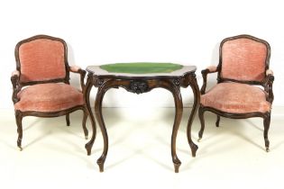 pair of antique rosewood armchairs & a 19th Cent. games-table in walnut || Lot van een paar