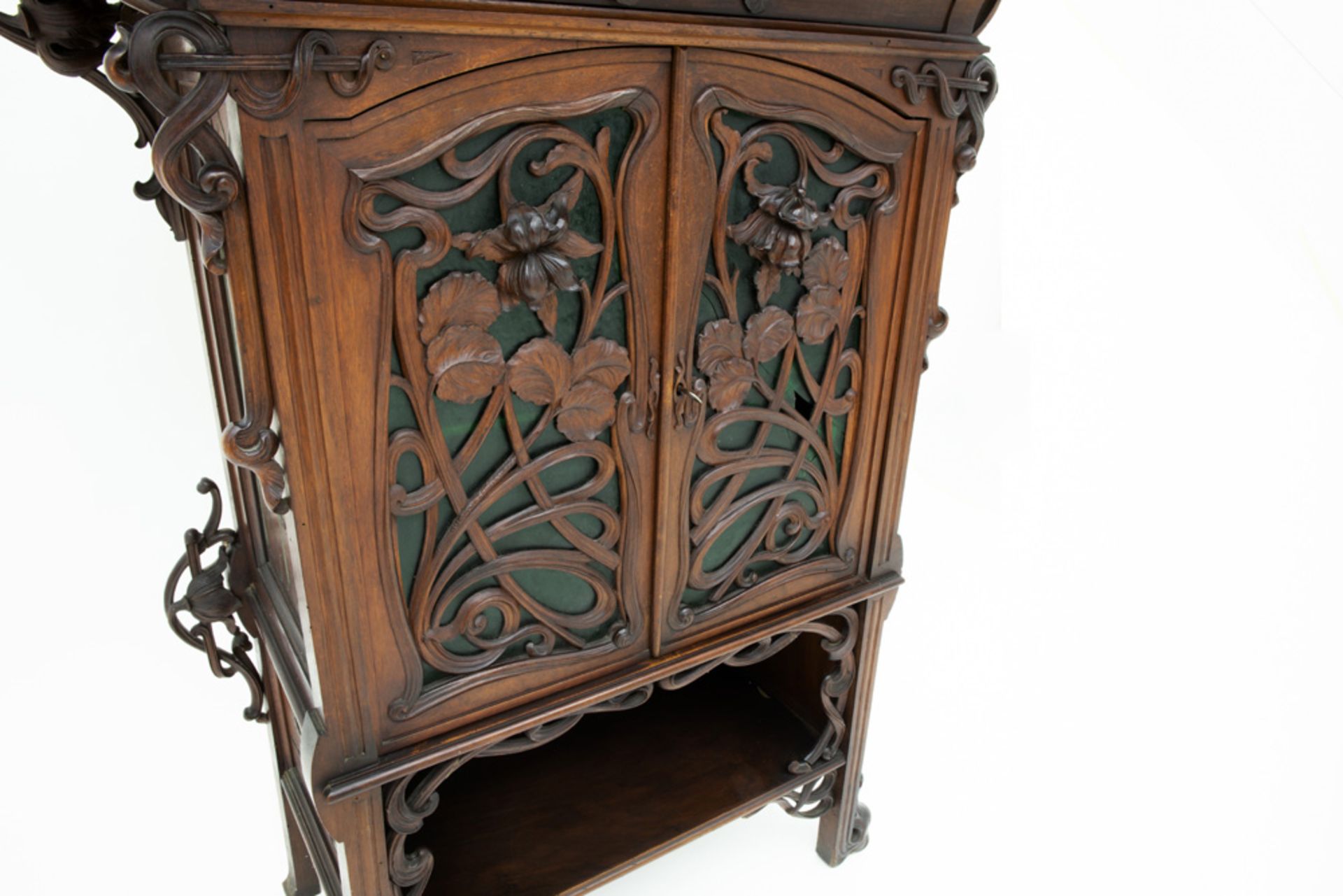 French Art Nouveau display cabinet in walnut with four doors, open compartments and whatnots, - Image 6 of 6