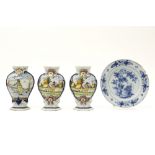 three 18th Cent. vases in marked ceramic from Delft and small plate with a blue-white decor ||