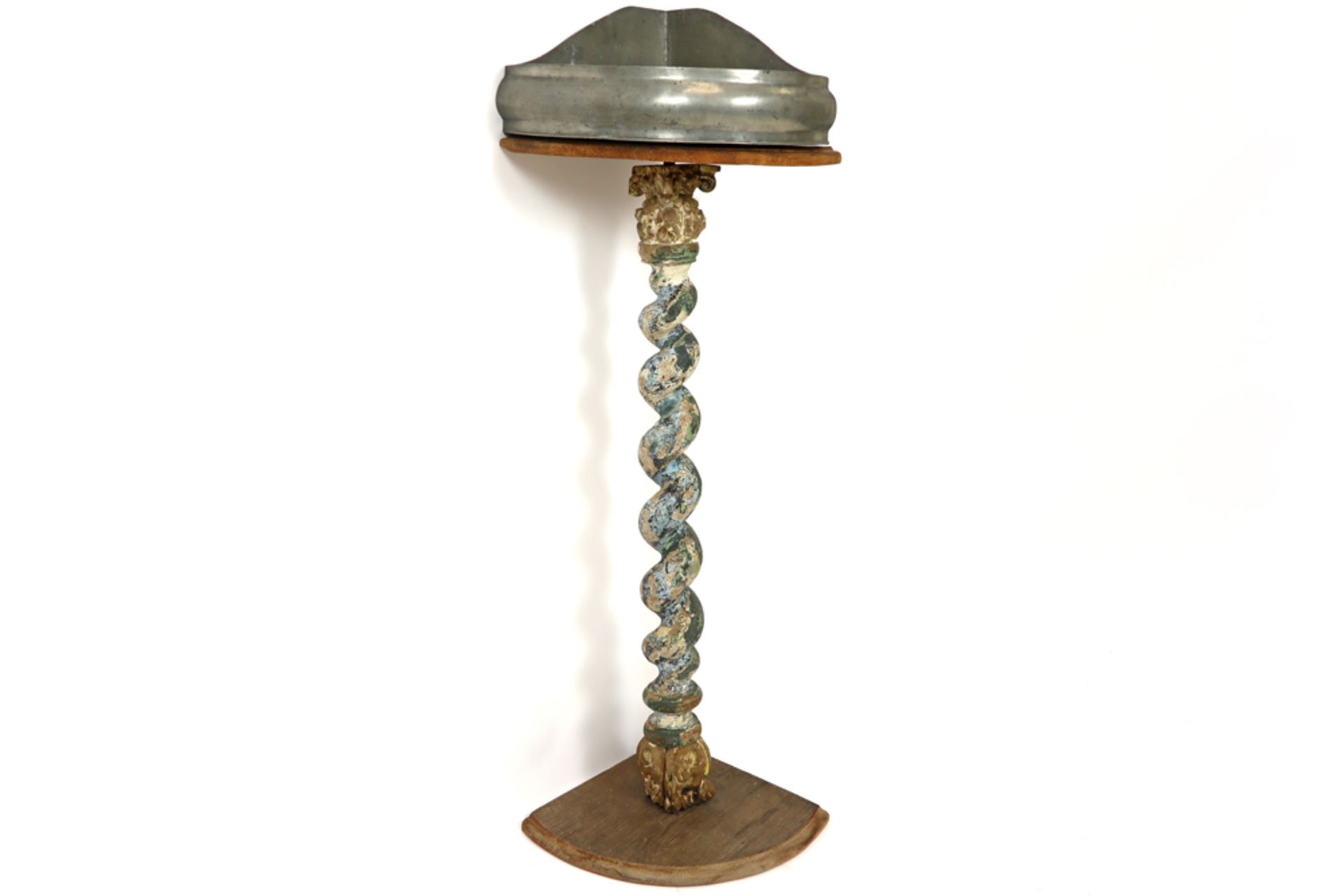 antique pewter fountain with its basin with a rare corner model - on a base in wood with torsaded - Image 3 of 3