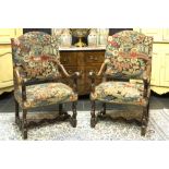 pair of 17th Cent. early Louis XIV style armchairs in walnut with needle work upholstery || Paar