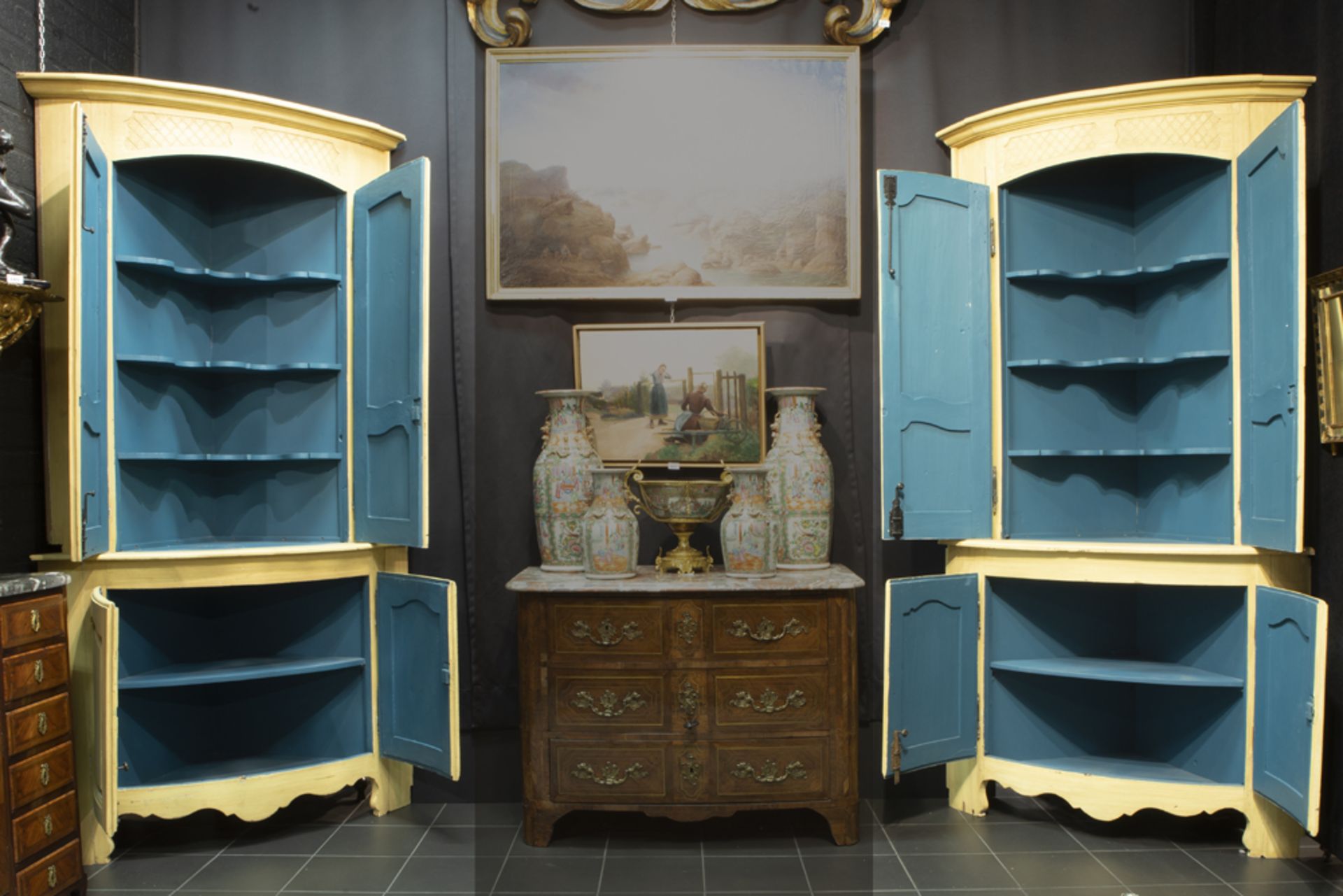 pair of curved corner cabinets, partly made of antique furniture, in painted wood and each with - Image 2 of 2