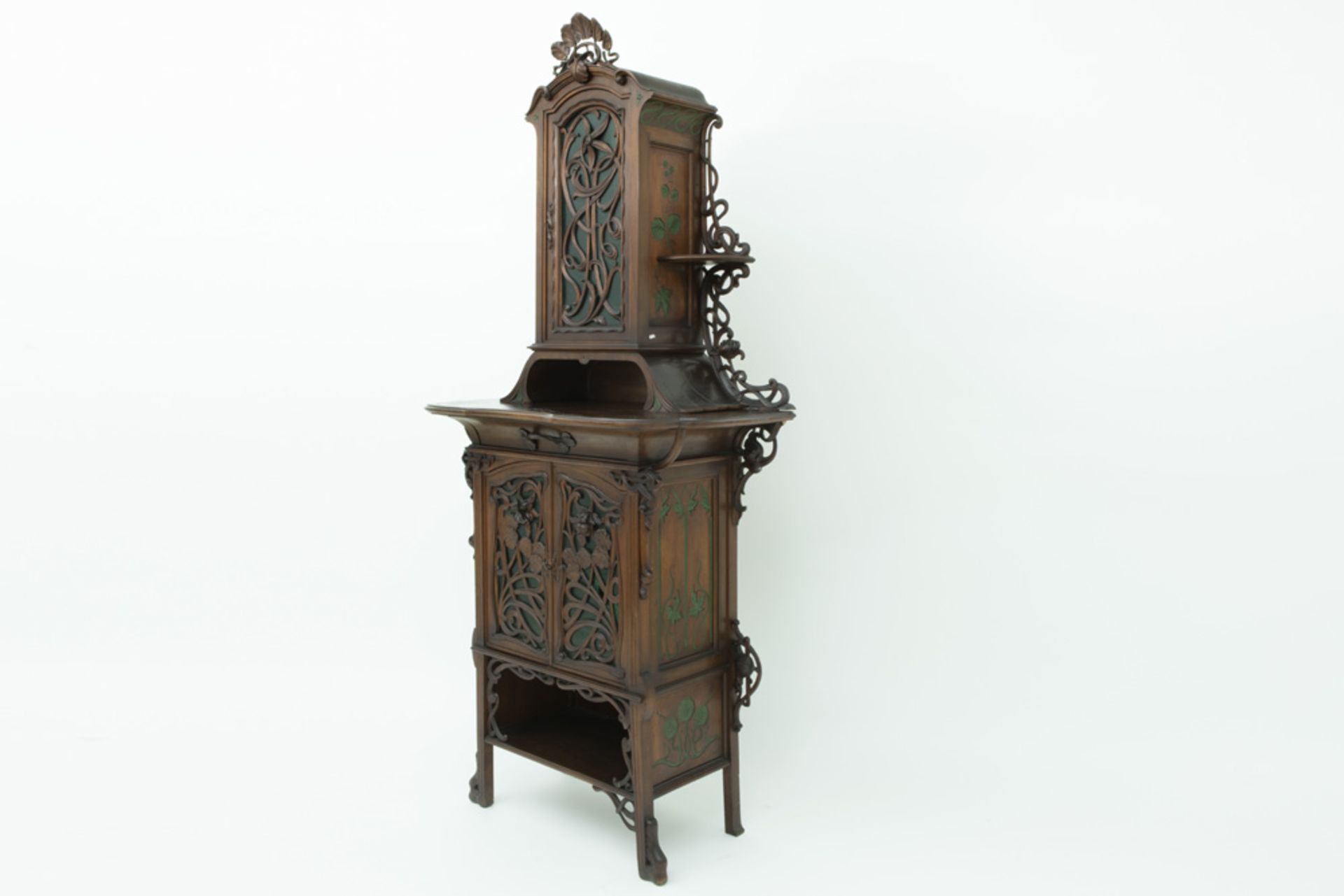 French Art Nouveau display cabinet in walnut with four doors, open compartments and whatnots, - Image 4 of 6