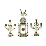 antique neoclassical 3pc garniture in marble and bronze : a pair of candelabra and a portico clock