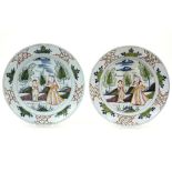 pair of 18th Cent. dishes in ceramic from Delft with a polychrome decor with a lady with fan and