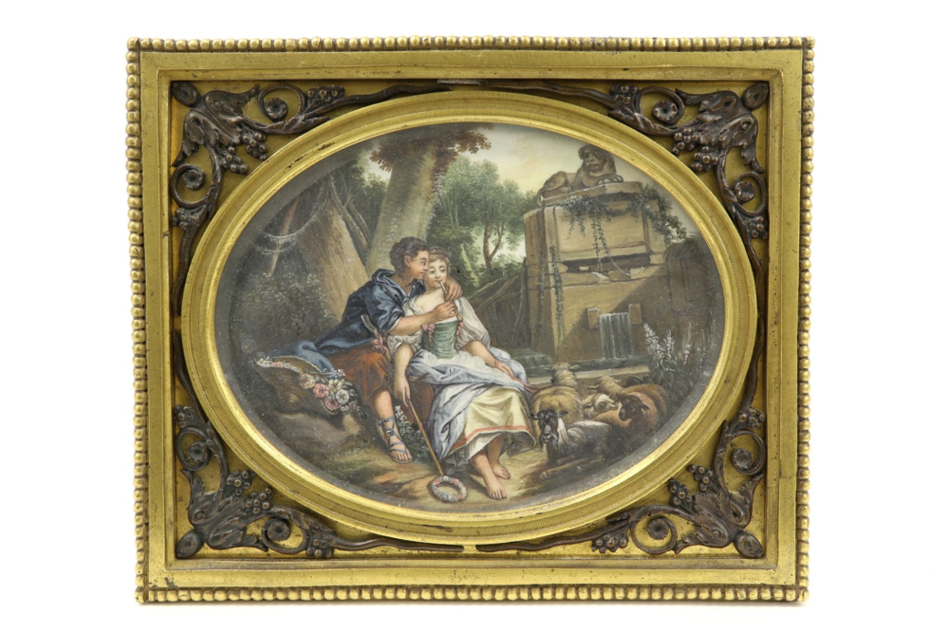 two framed antique miniatures, one with a bucolic theme and one with a couple of figures || Lot - Image 4 of 5