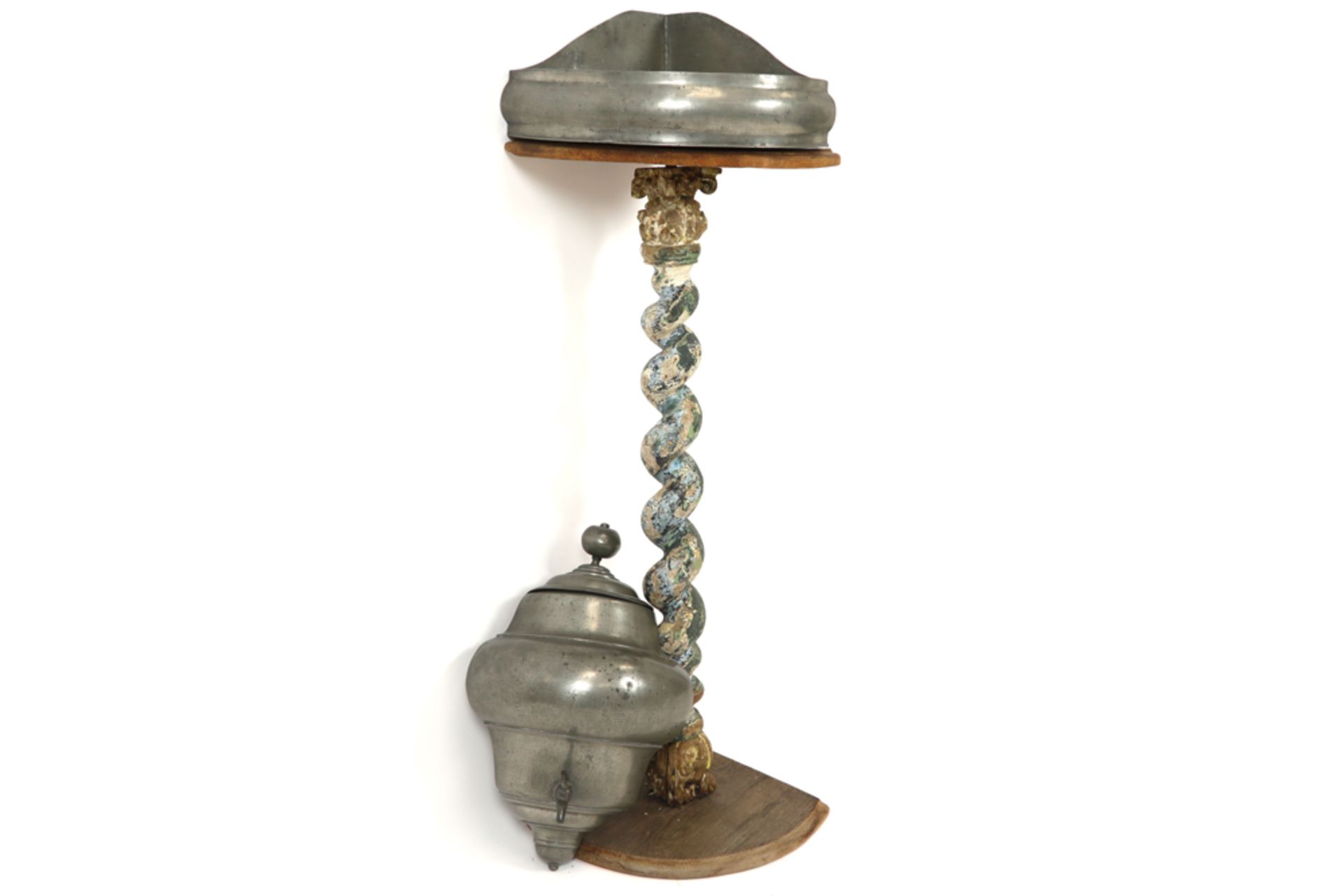 antique pewter fountain with its basin with a rare corner model - on a base in wood with torsaded