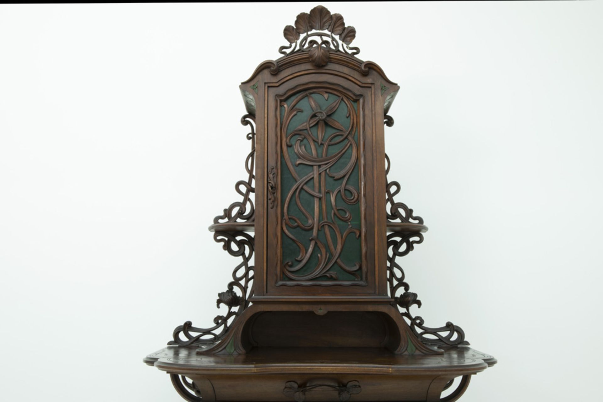French Art Nouveau display cabinet in walnut with four doors, open compartments and whatnots, - Image 2 of 6