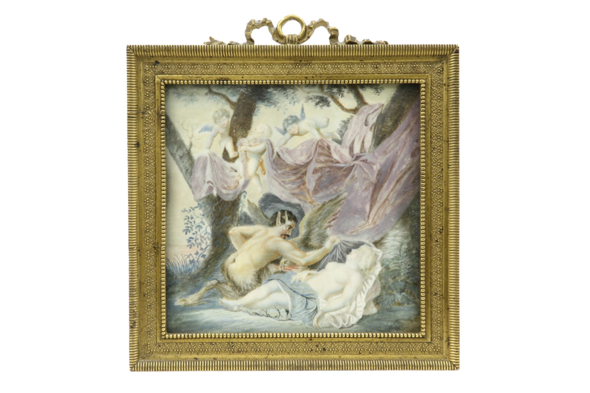 two framed antique miniatures, one with a bucolic theme and one with a couple of figures || Lot - Image 2 of 5