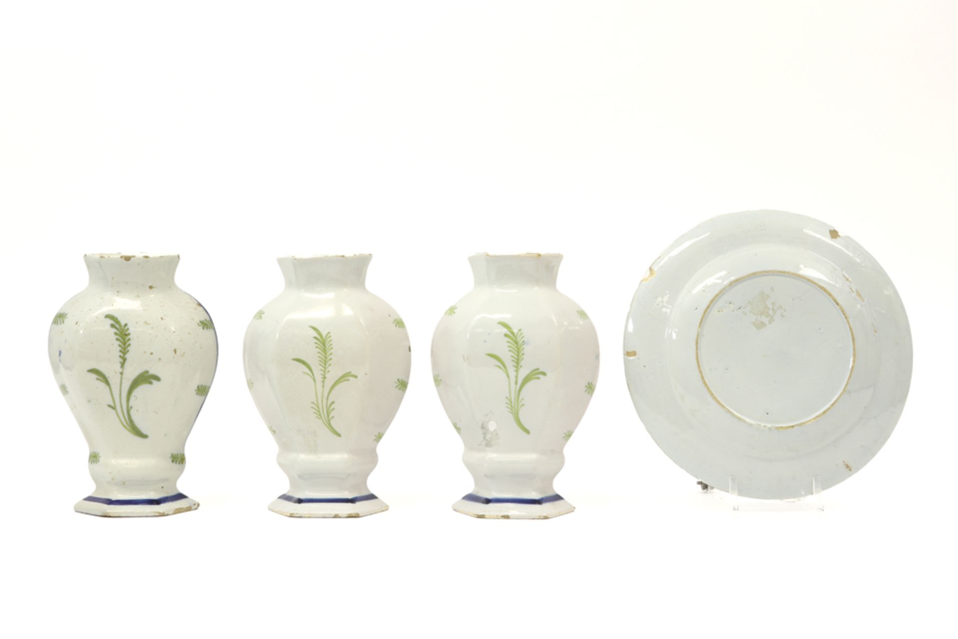 three 18th Cent. vases in marked ceramic from Delft and small plate with a blue-white decor || - Image 2 of 5