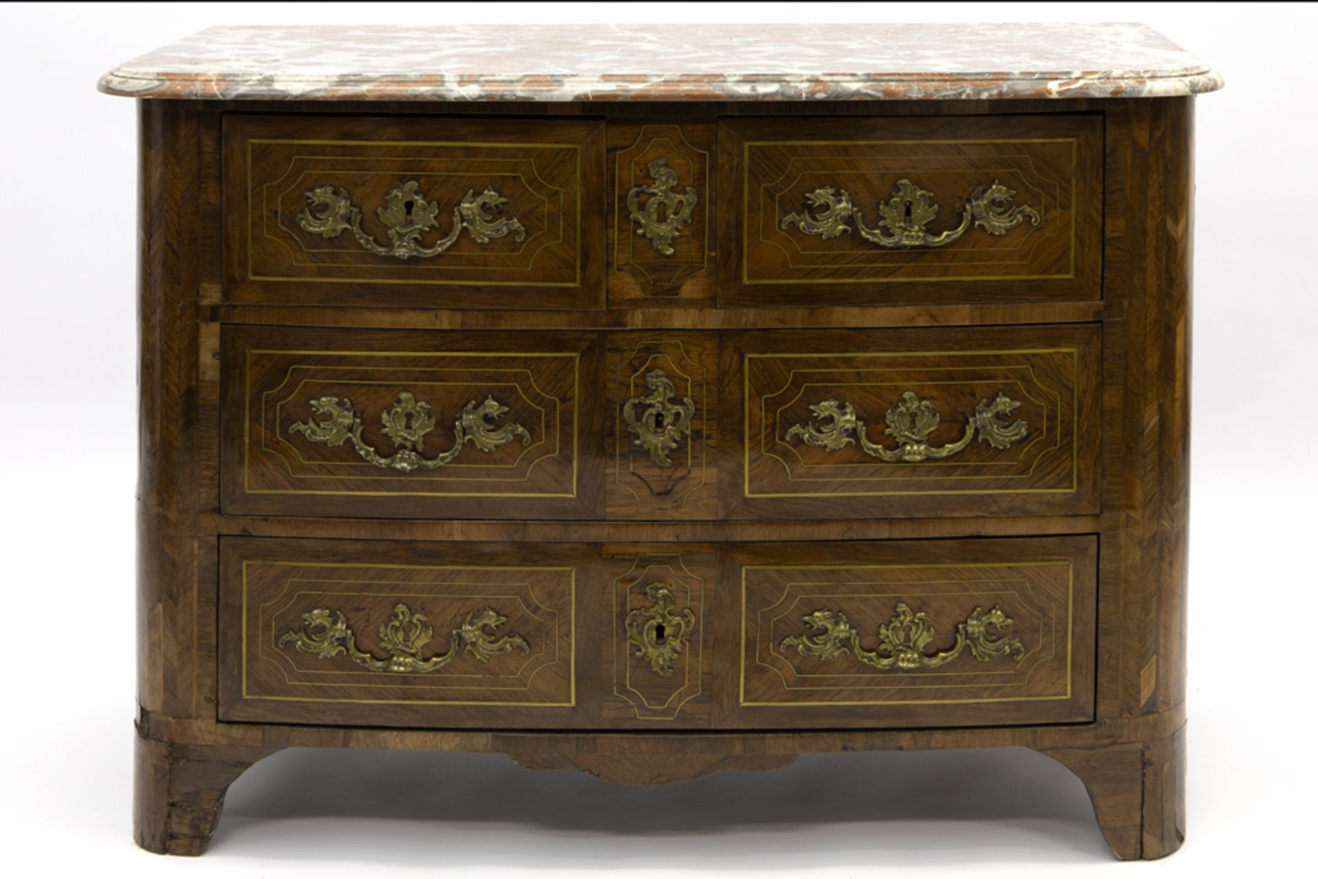 18th Cent. chest of drawers in parquetry with brass inlay, with four drawers with original mountings - Image 3 of 5